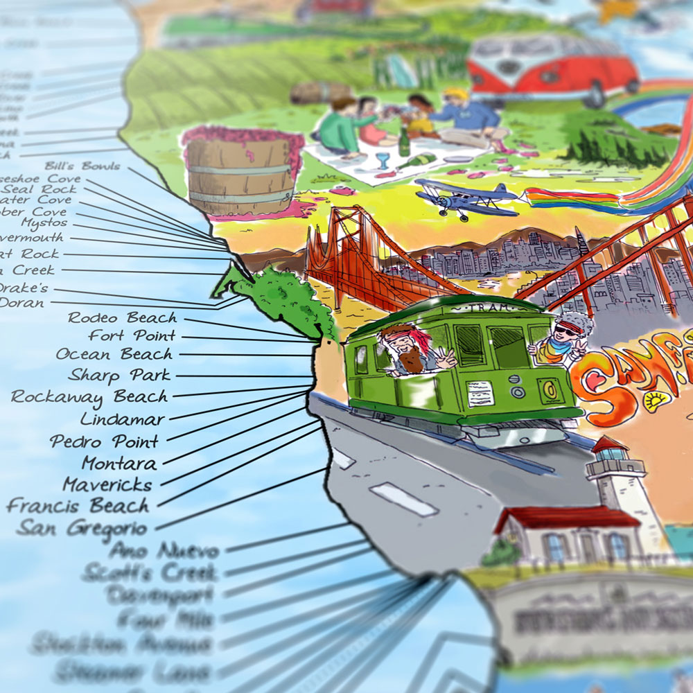 WEST COAST SURF MAP | CARTE DU MONDE de surf | Cartes impressionnantes