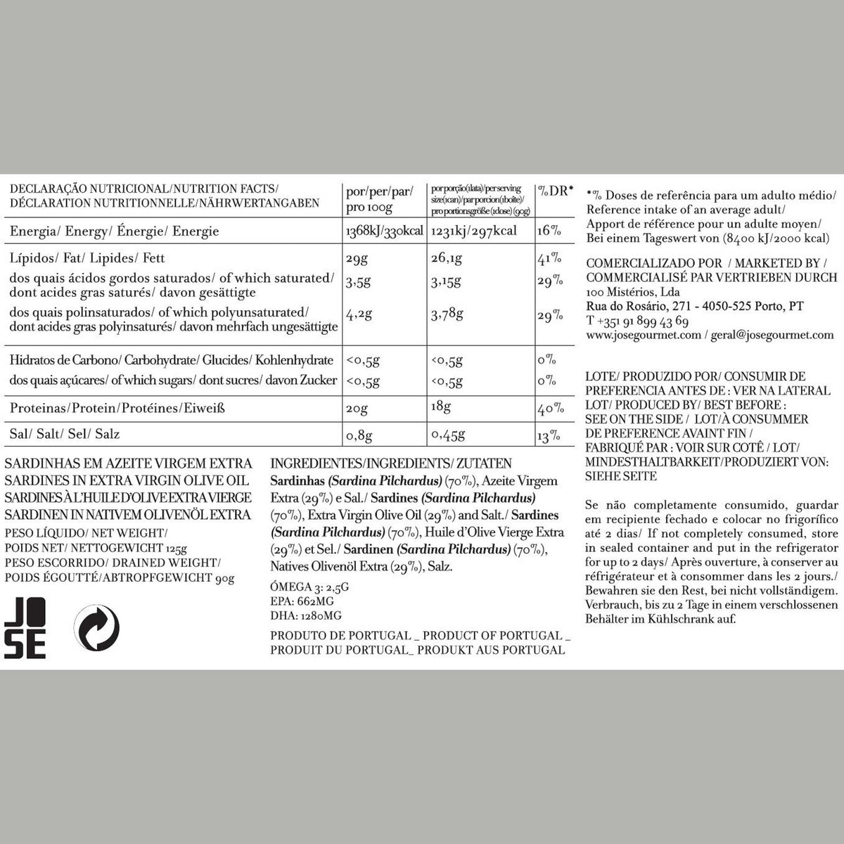 Sardines in Extra Virgin Olive Oil – 120 g | José Gourmet