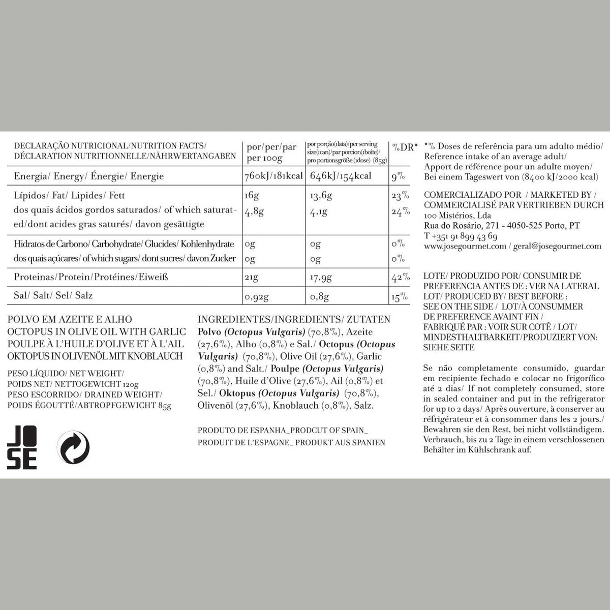POULPE à l'huile d'olive et à l'ail | Épicerie fine CONSERVE DE POISSON | 120gr | José Gourmet