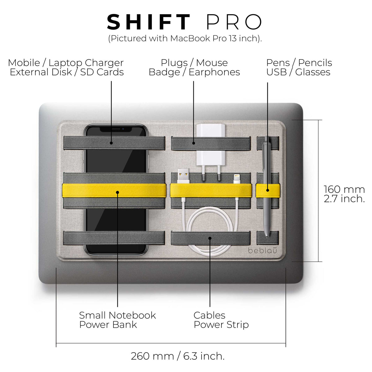 SHIFT PRO | klebbarer Laptop-ORGANIZER | 26x16 cm | beblau