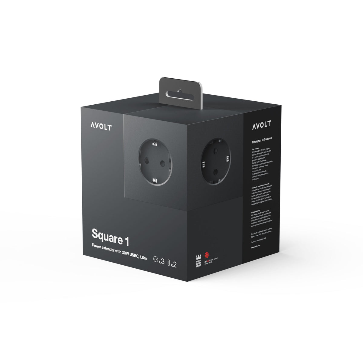 SQUARE 1 - Multiprise 3 prises - magnétique, noir CUBE - 2x USB-C 30W & câble de connexion 1,8m | Avolt