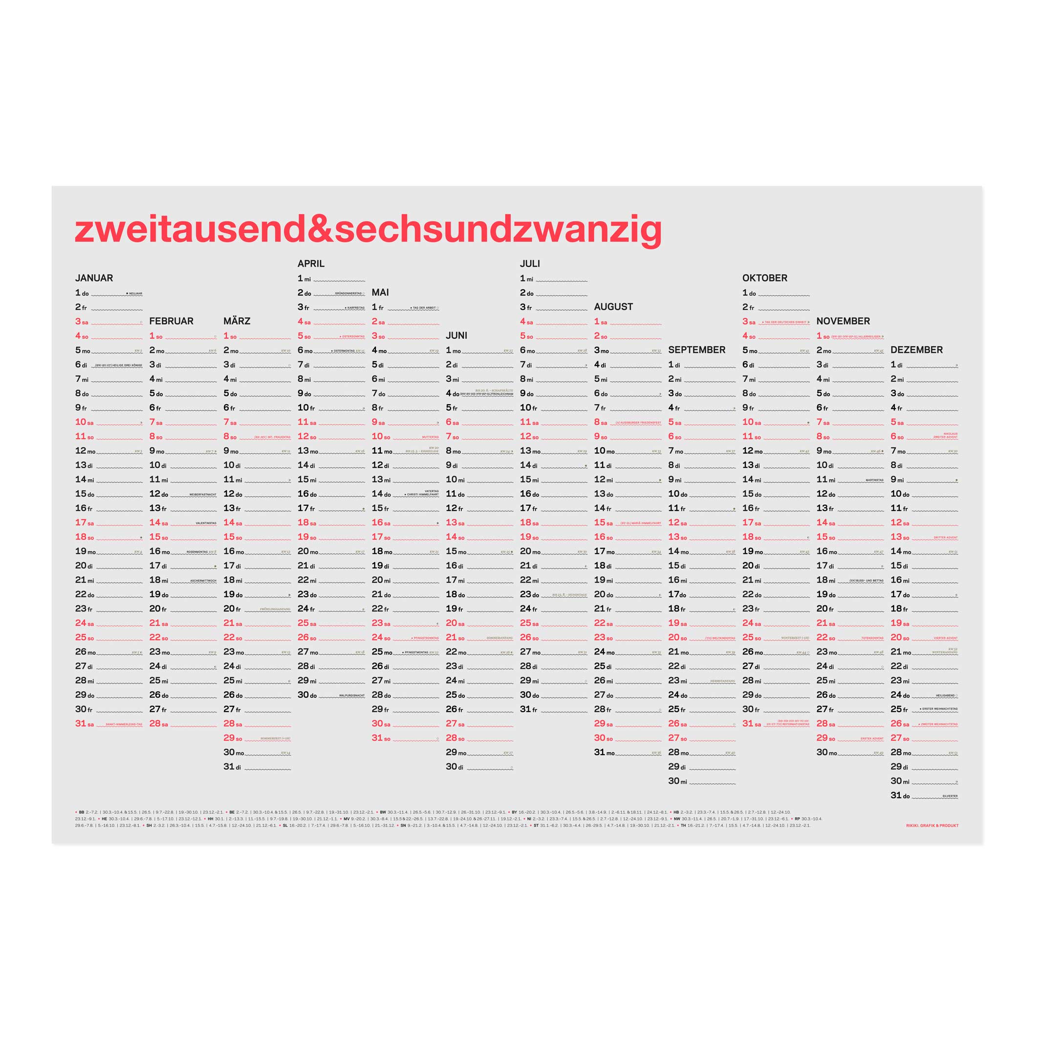 zweitausend&sechsundzwanzig - JAHRES-WANDKALENDER 2026 - Neon-Korall Schwarz Gold - A2 59x42 cm | rikiki