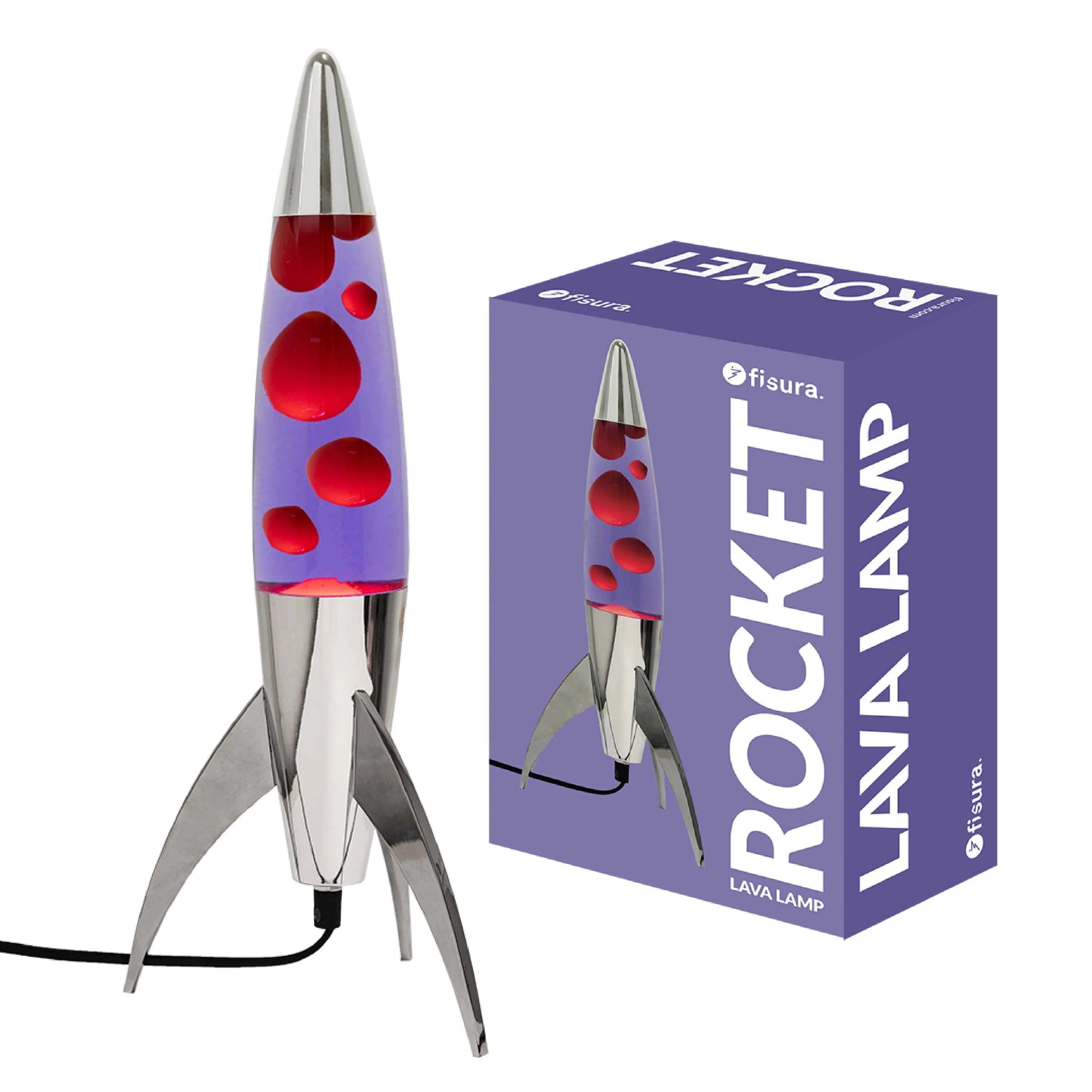 Lava Lamp Rocket – Silver · Red Lava · Violet Liquid · 45 cm | Fisura · Retro Lamp