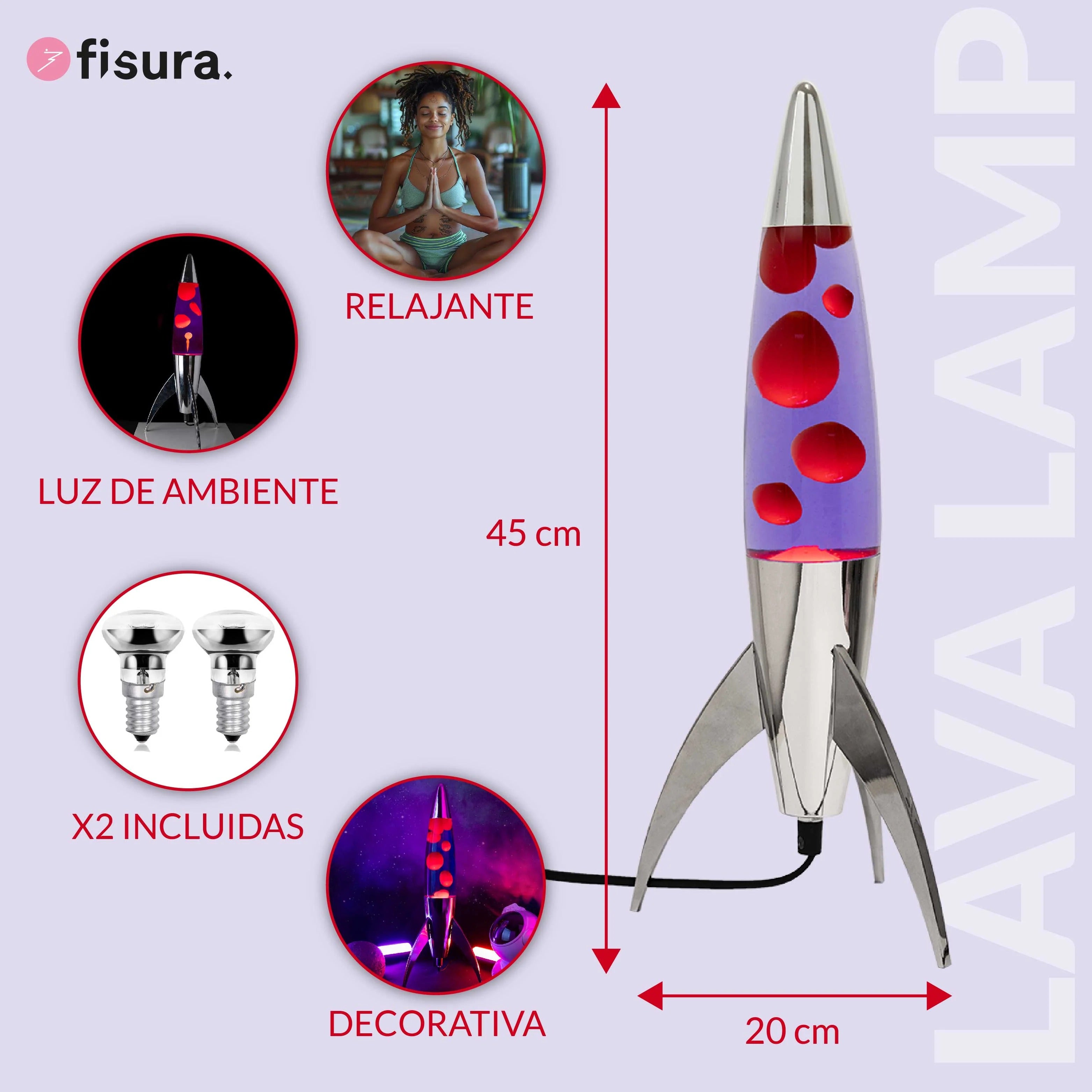Lavalampe Rocket – Silber · Violette Lava · Retro · 45 cm | Fisura · Tischlampe