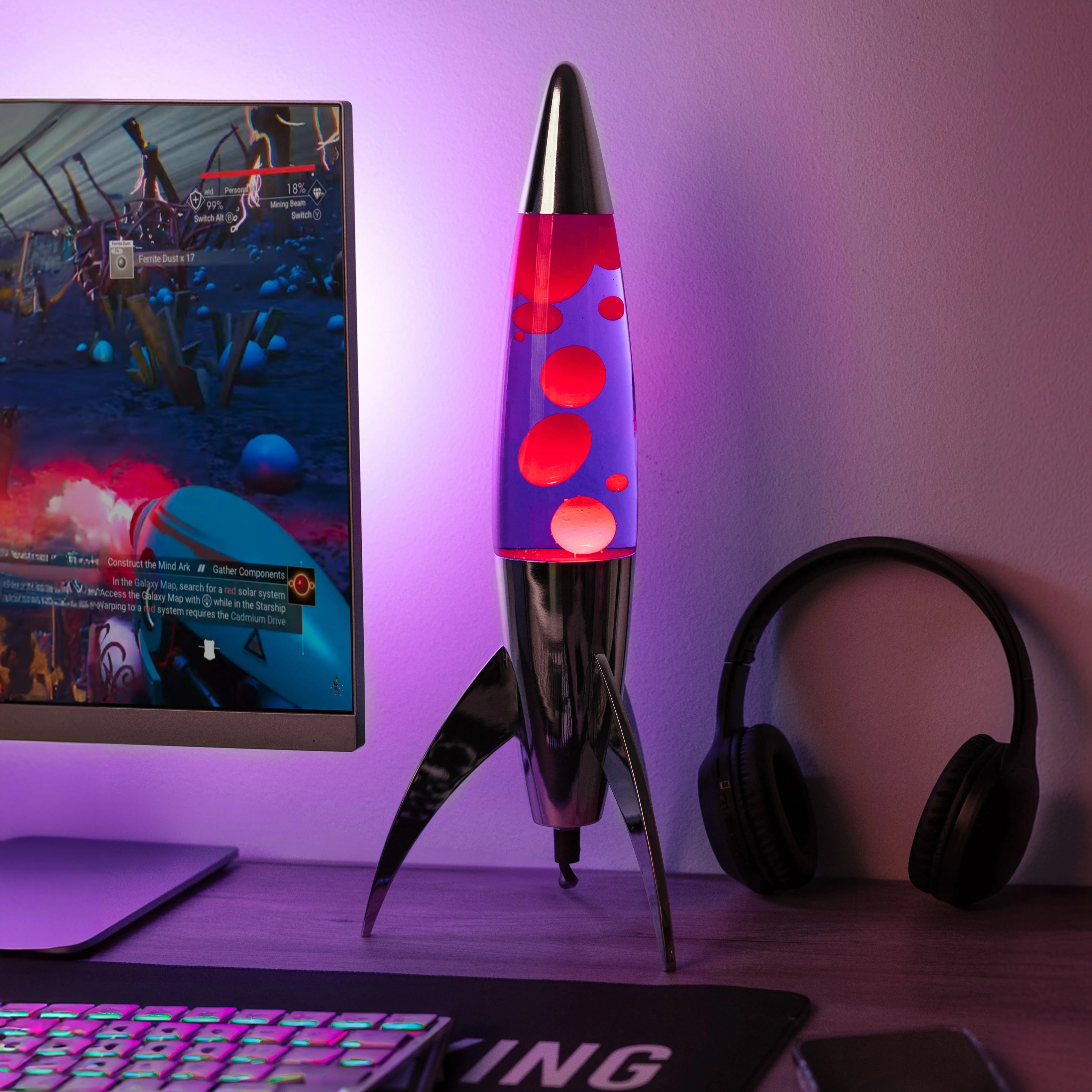 Lavalampe Rocket – Silber · Violette Lava · Retro · 45 cm | Fisura · Tischlampe