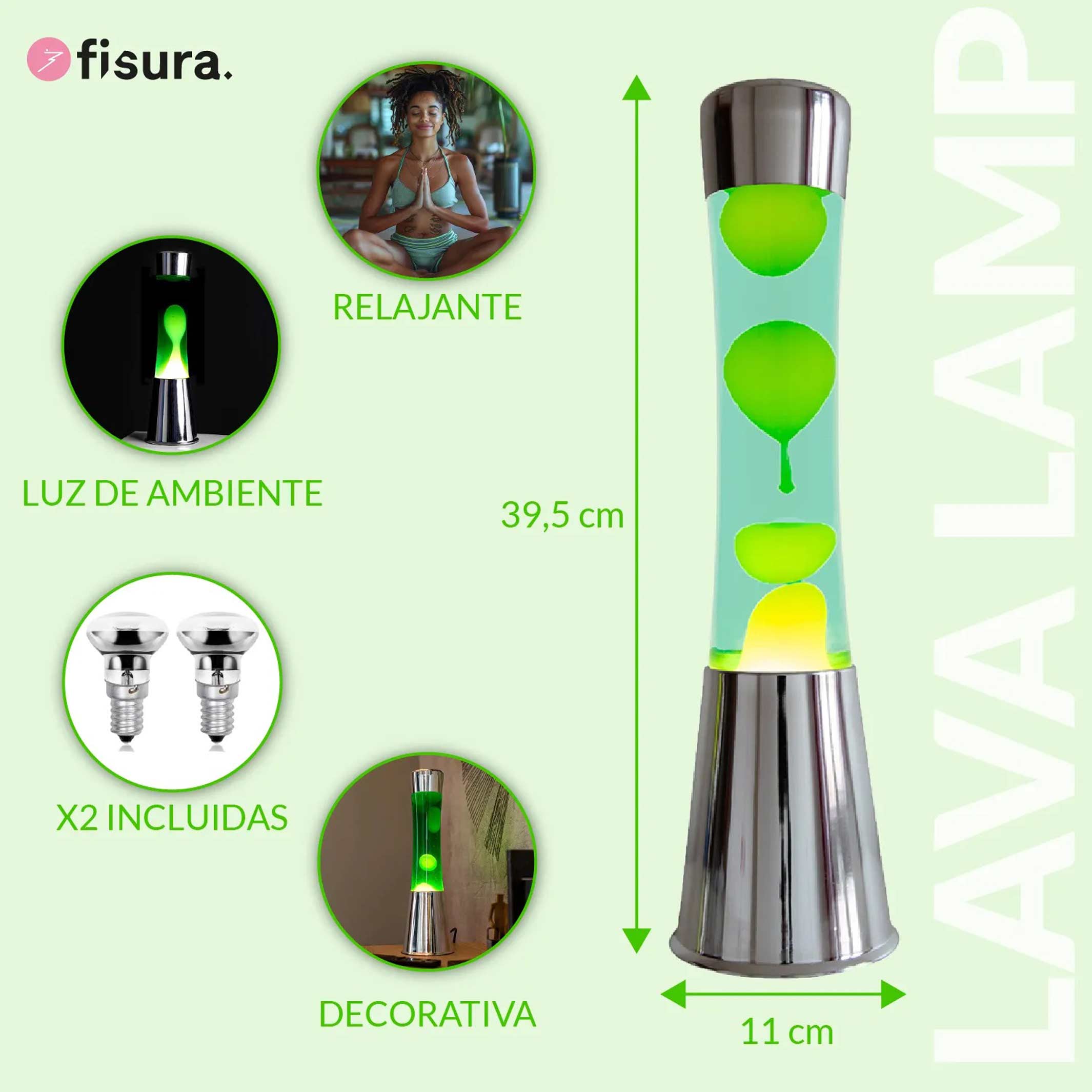 Lavalampe Tower – Chrom · Grüne Lava · Retro · 39,5 cm | Fisura · Tischlampe
