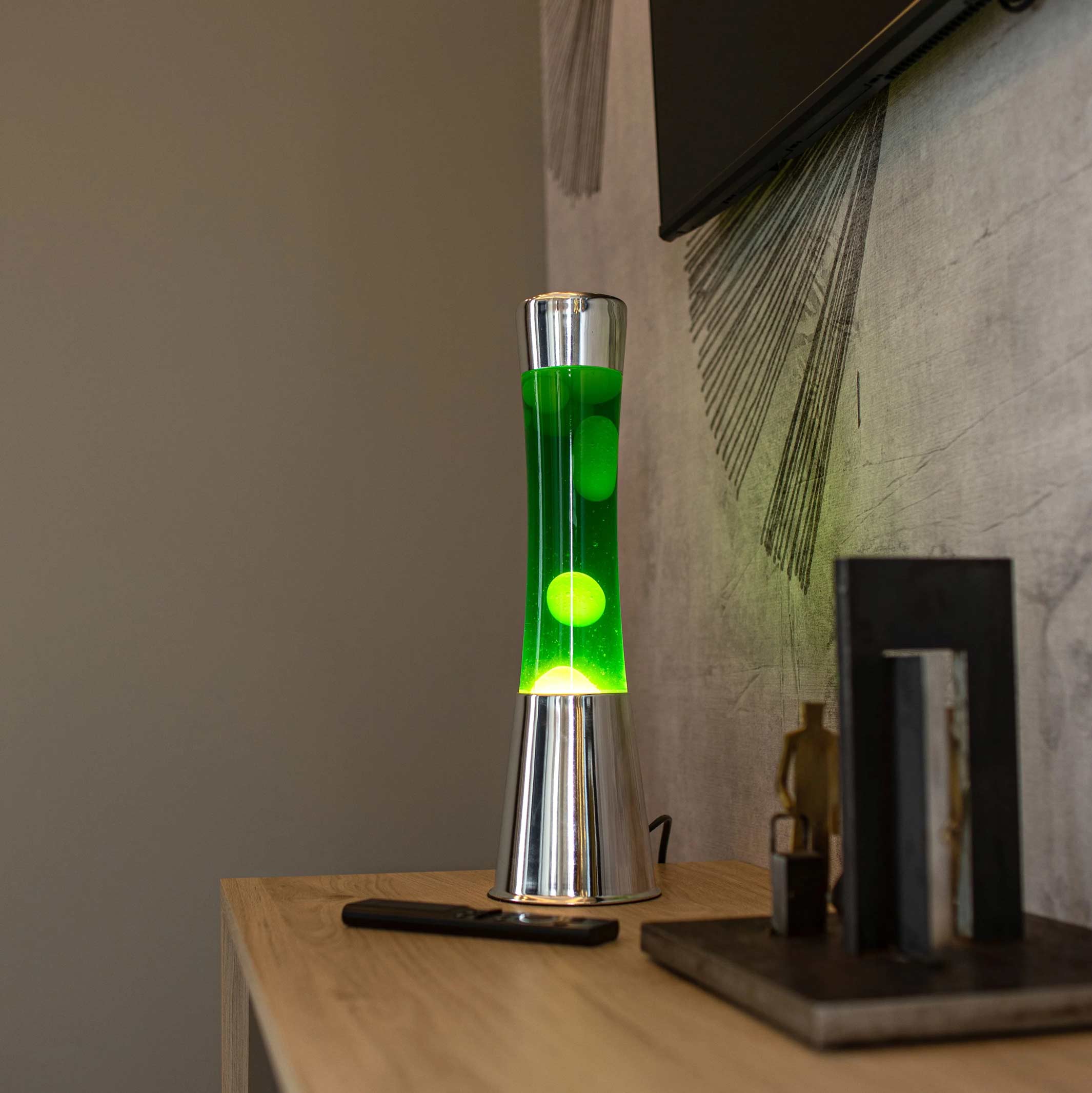 Lavalampe Tower – Chrom · Grüne Lava · Retro · 39,5 cm | Fisura · Tischlampe