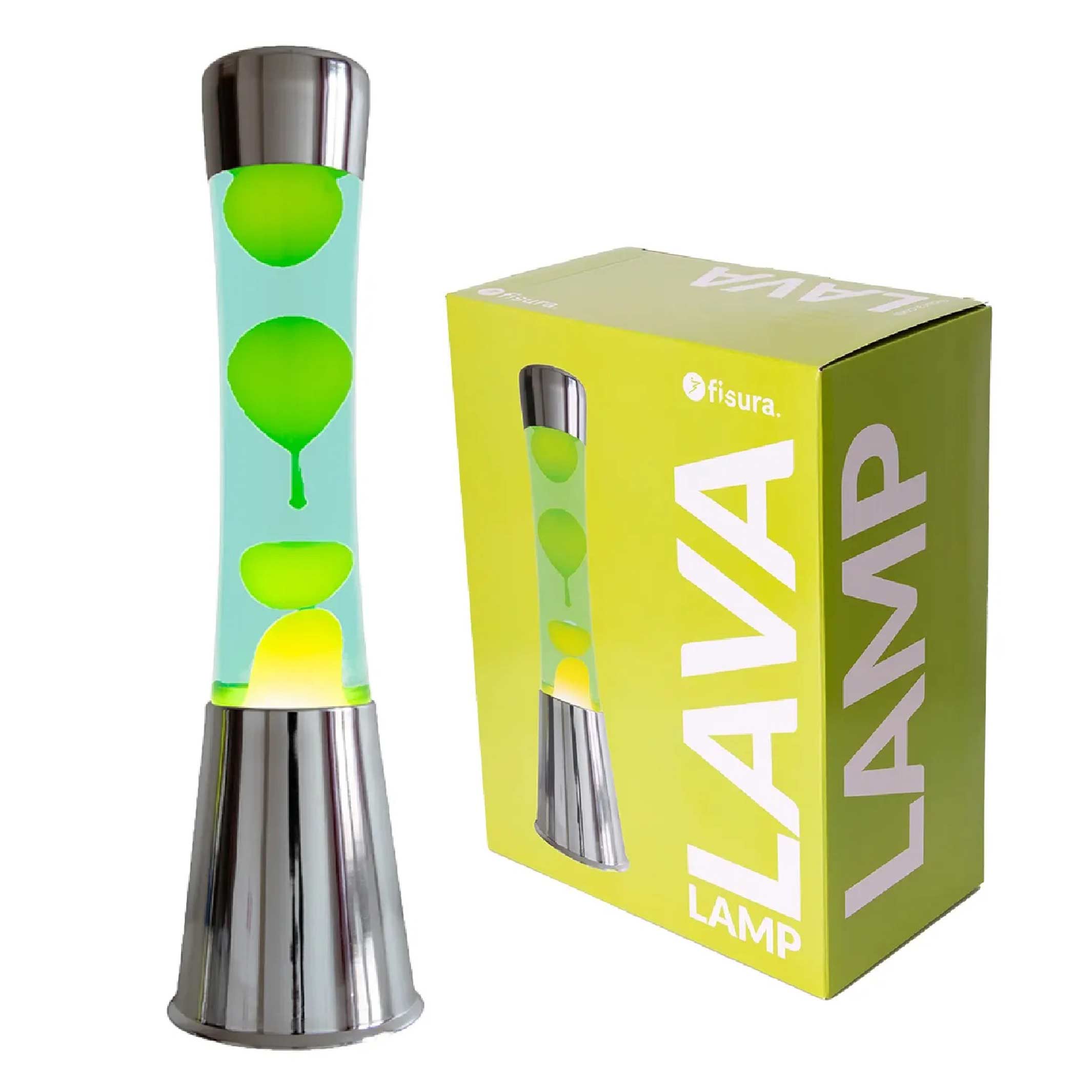 Lavalampe Tower – Chrom · Grüne Lava · Retro · 39,5 cm | Fisura · Tischlampe
