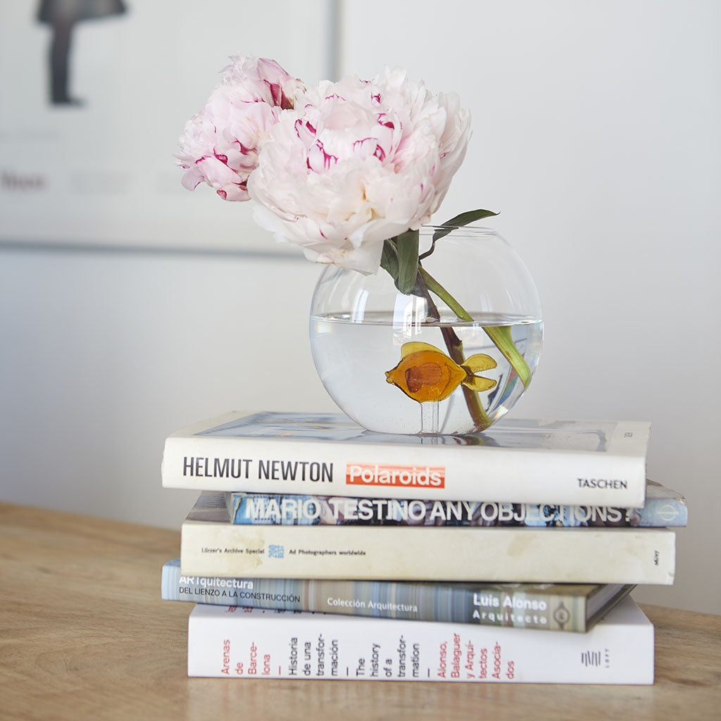 ATLANTIS - round Flower Vase with amber-colored Fish - D=13 cm | BALVI