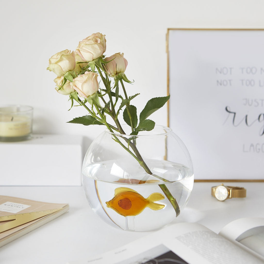 ATLANTIS - round Flower Vase with amber-colored Fish - D=13 cm | BALVI