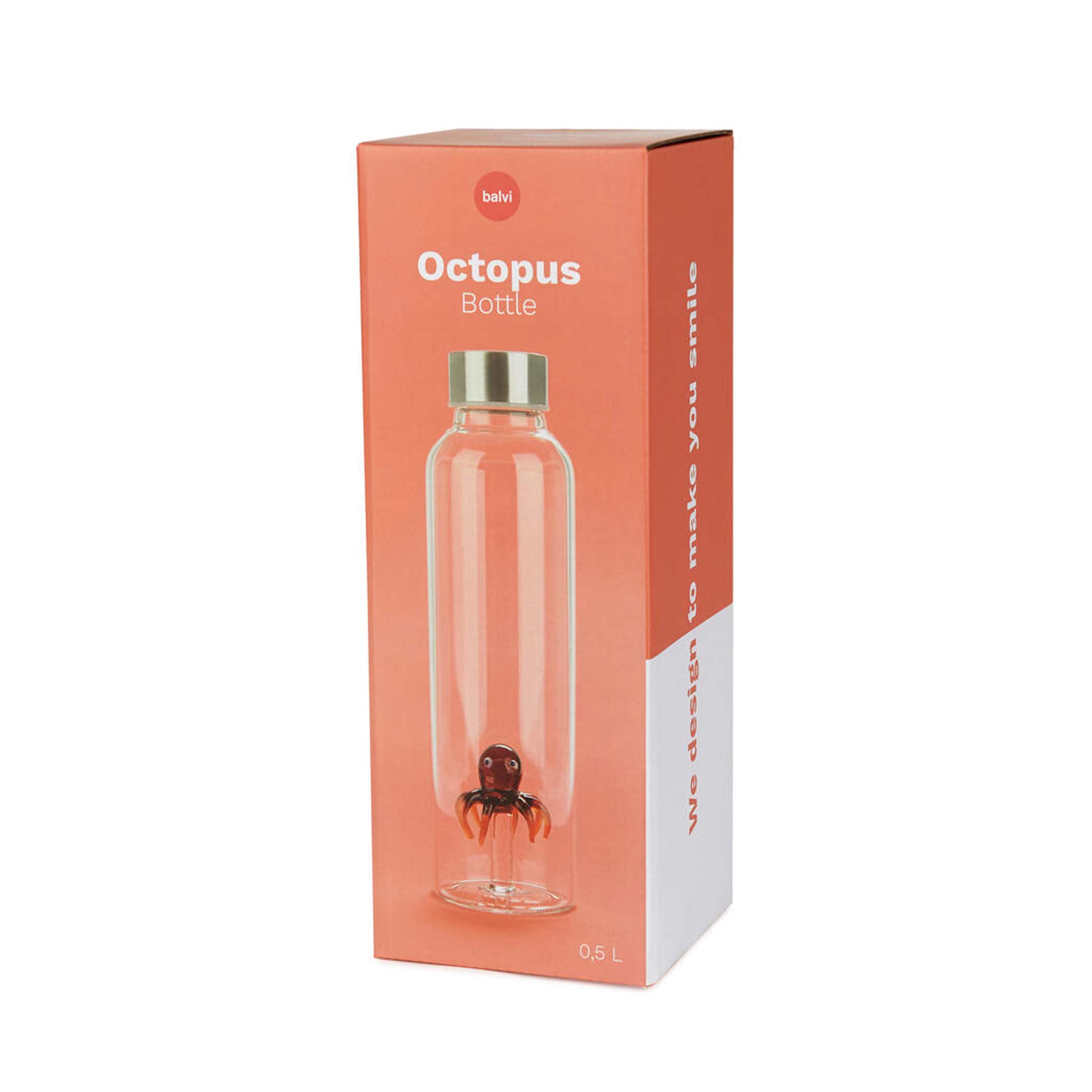 ATLANTIS - Reusable Glass Bottle with amber-colored Octopus - 0.5 liters with Cap | BALVI