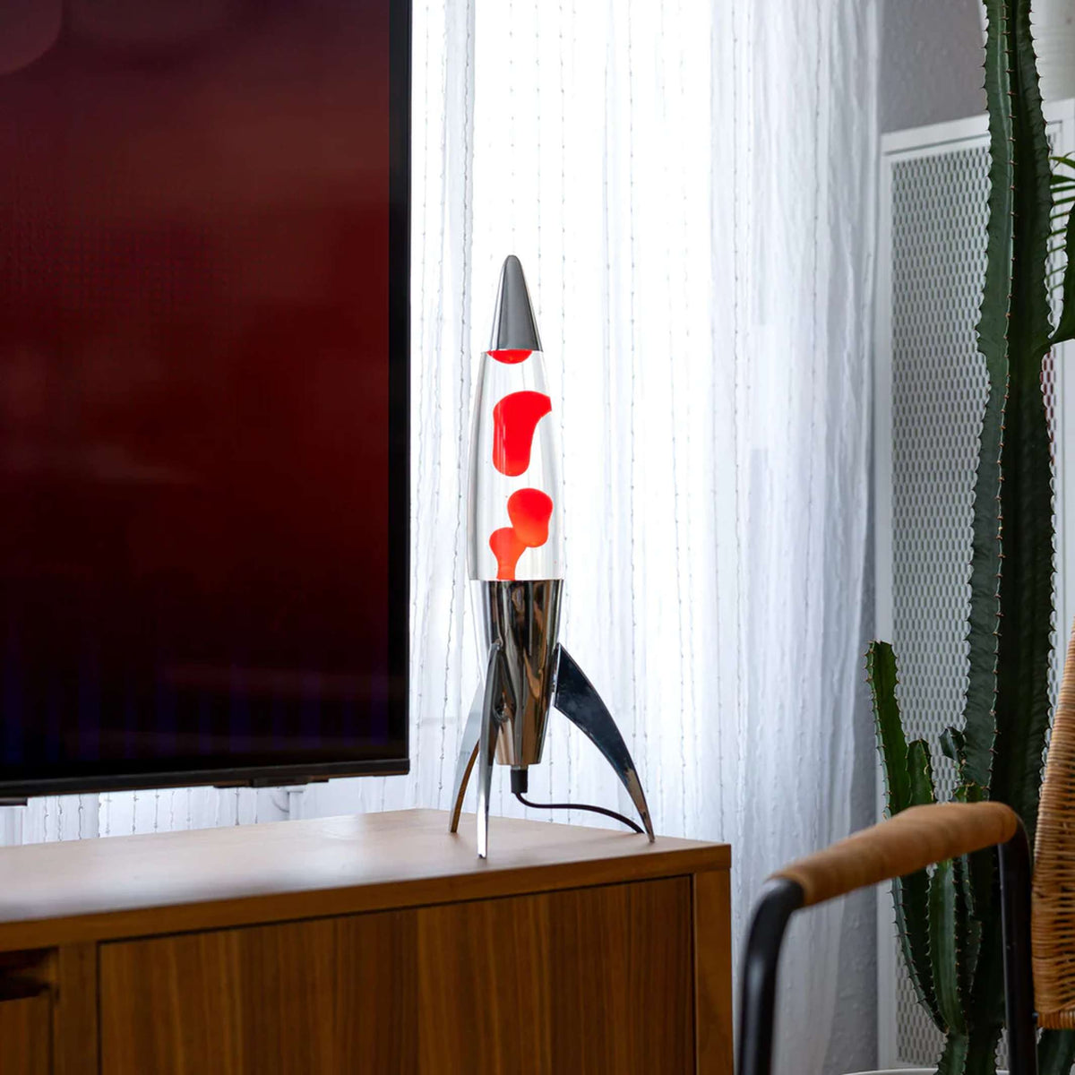 Lavalampe Rocket – Silber · Rote Lava · Retro · 45 cm | Fisura