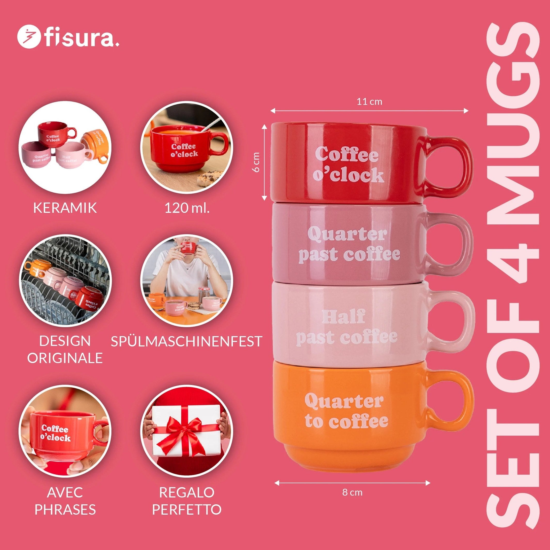 Mug Set "Coffee Clock" – Set of 4 · Ceramic | Fisura