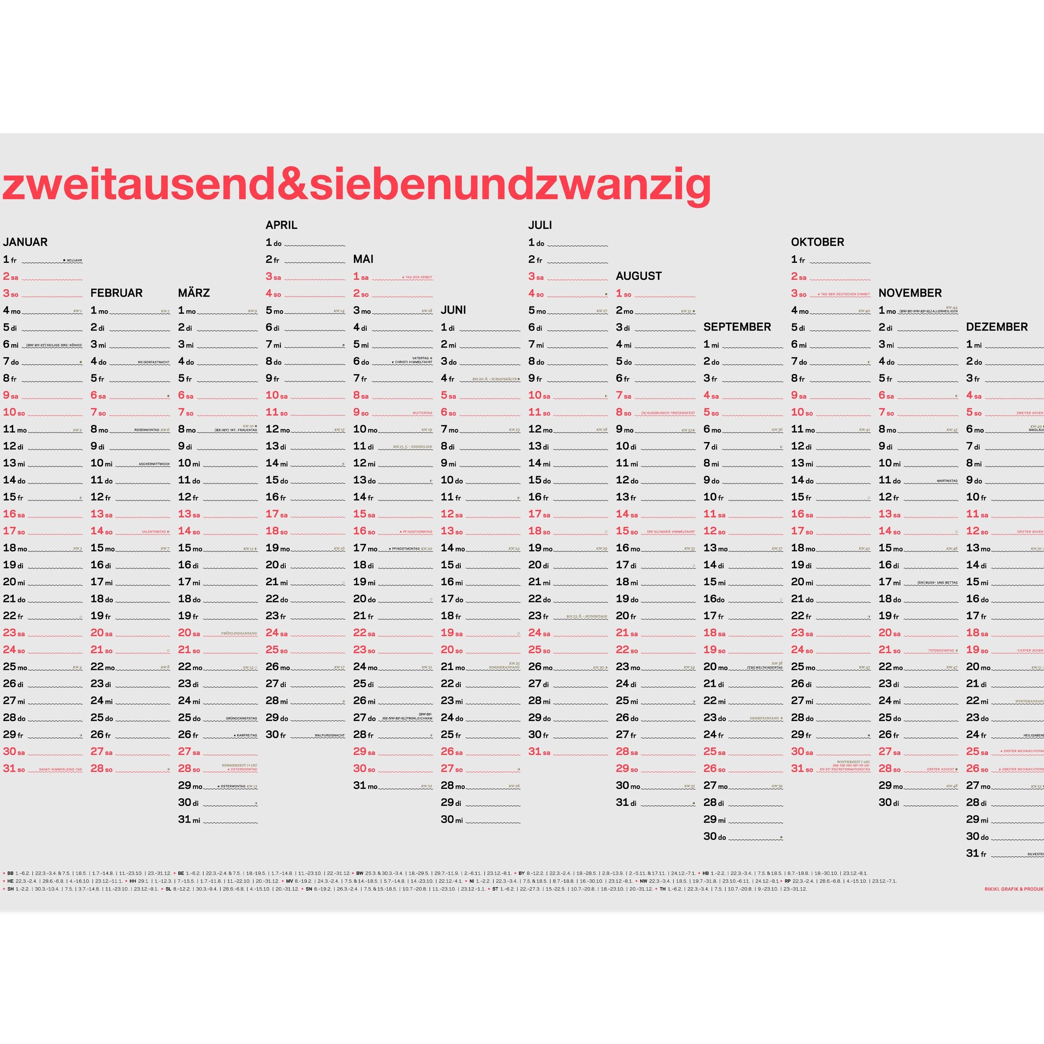Jahreskalender 2027 – Siebdruck · Neon-Korall · A2 | rikiki