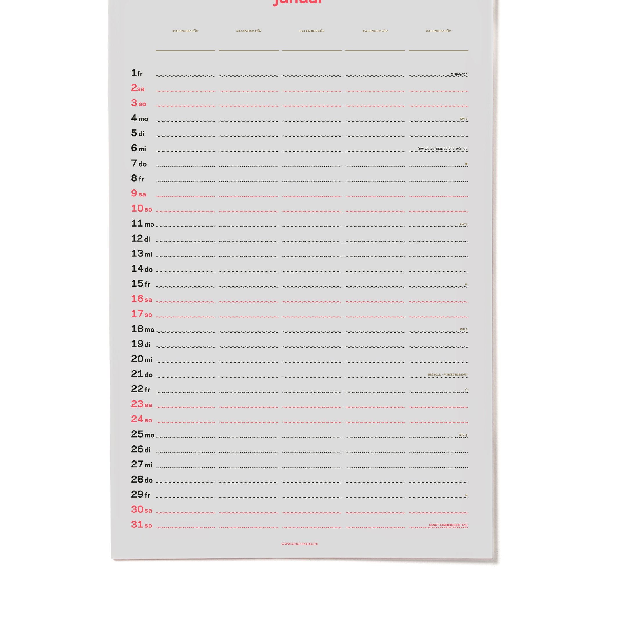 Familienkalender 2027 – Siebdruck · 5 Spalten · 26,7×42 cm | rikiki