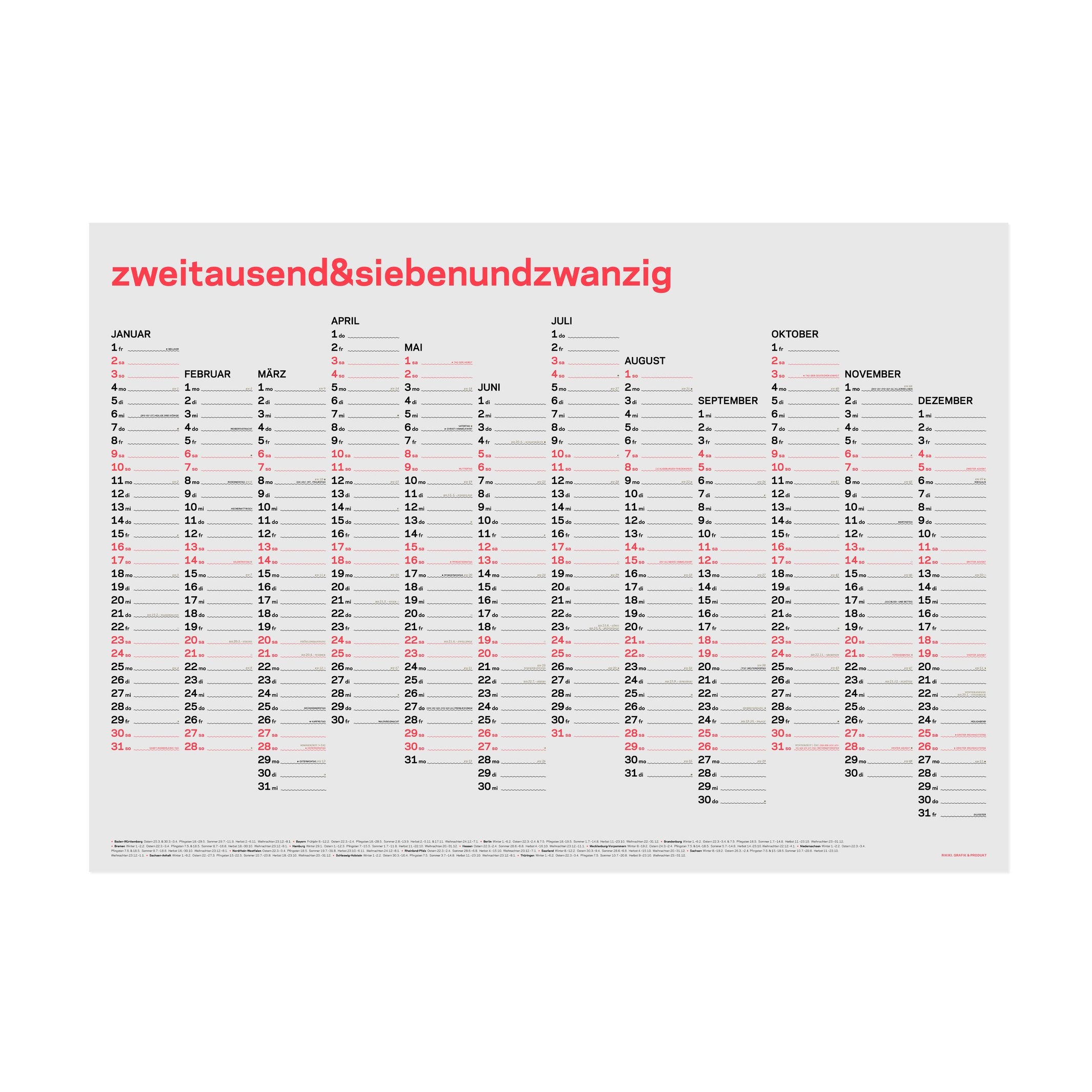 Jahreskalender 2027 – Siebdruck · Neon-Korall · A1 | rikiki