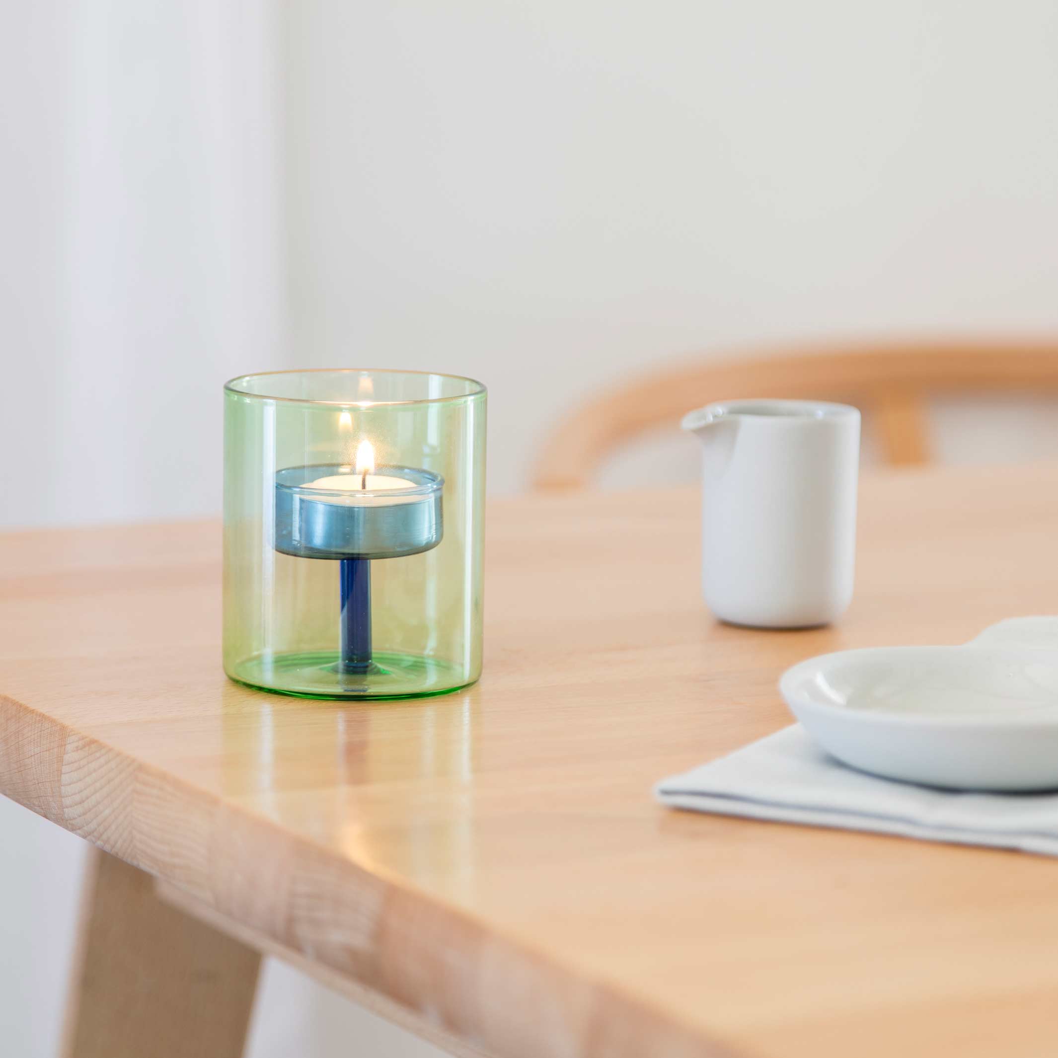 DUO TONE - dual color Glass Tea Light Holder Green & Blue | Block Design