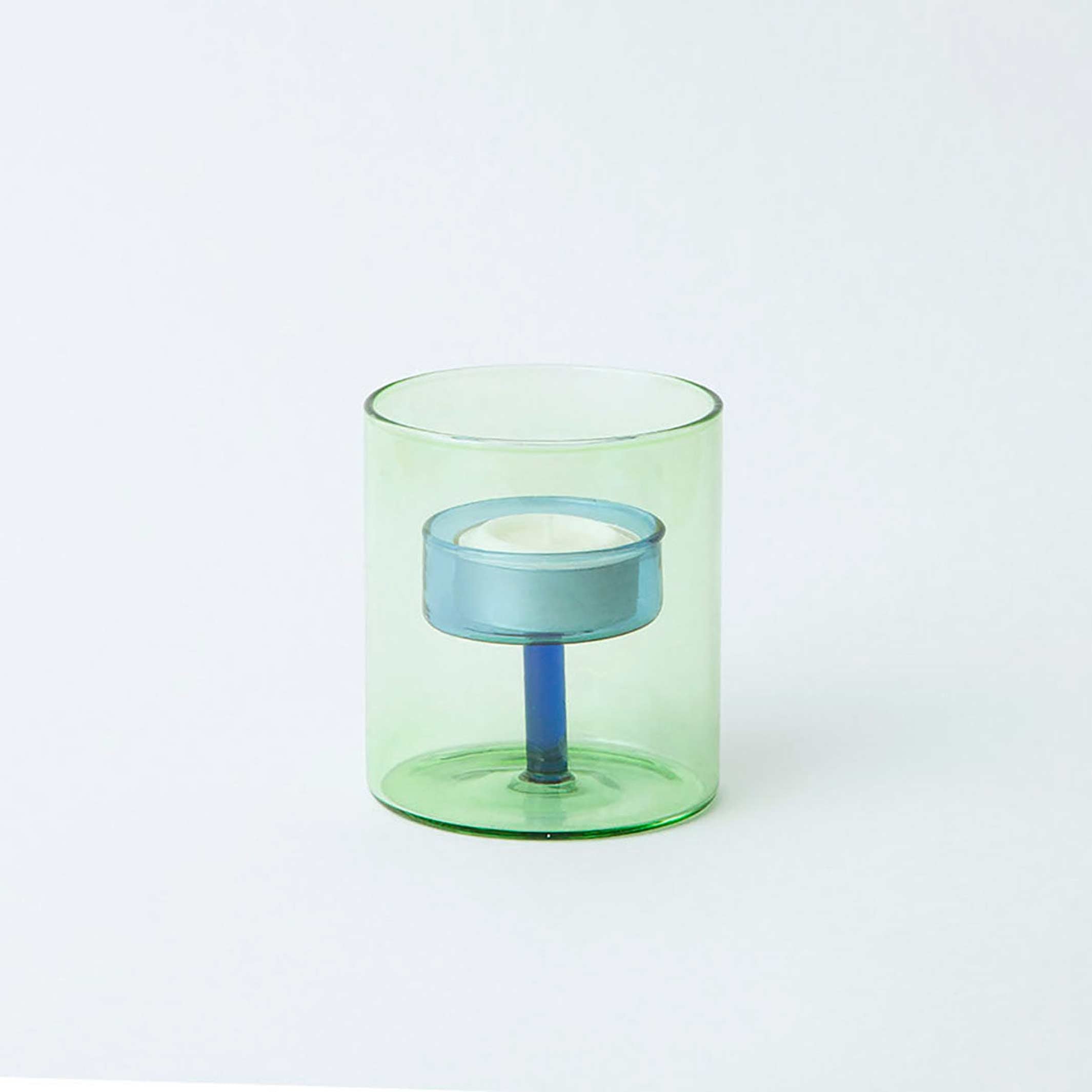 DUO TONE - dual color Glass Tea Light Holder Green & Blue | Block Design