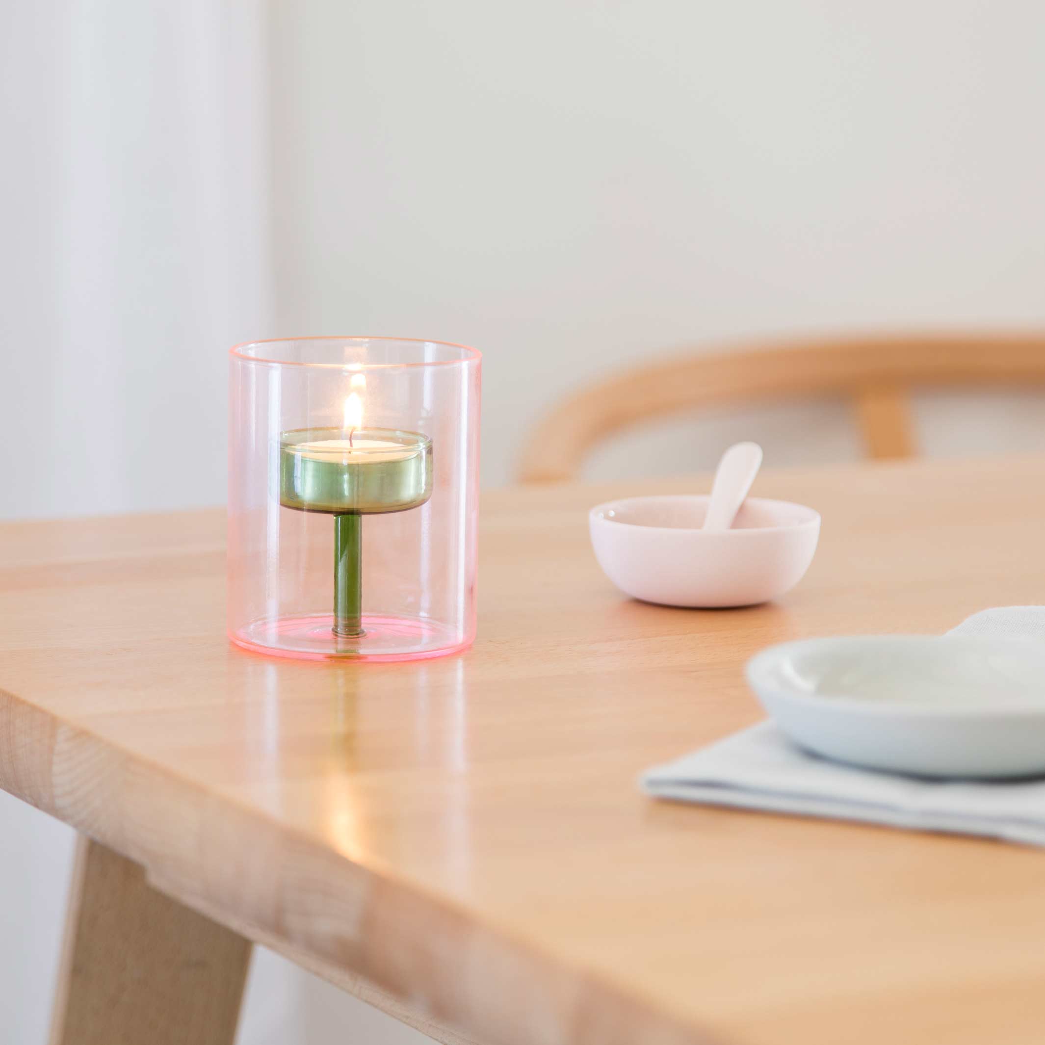 DUO TONE - dual color Glass Tea Light Holder Pink & Green | Block Design
