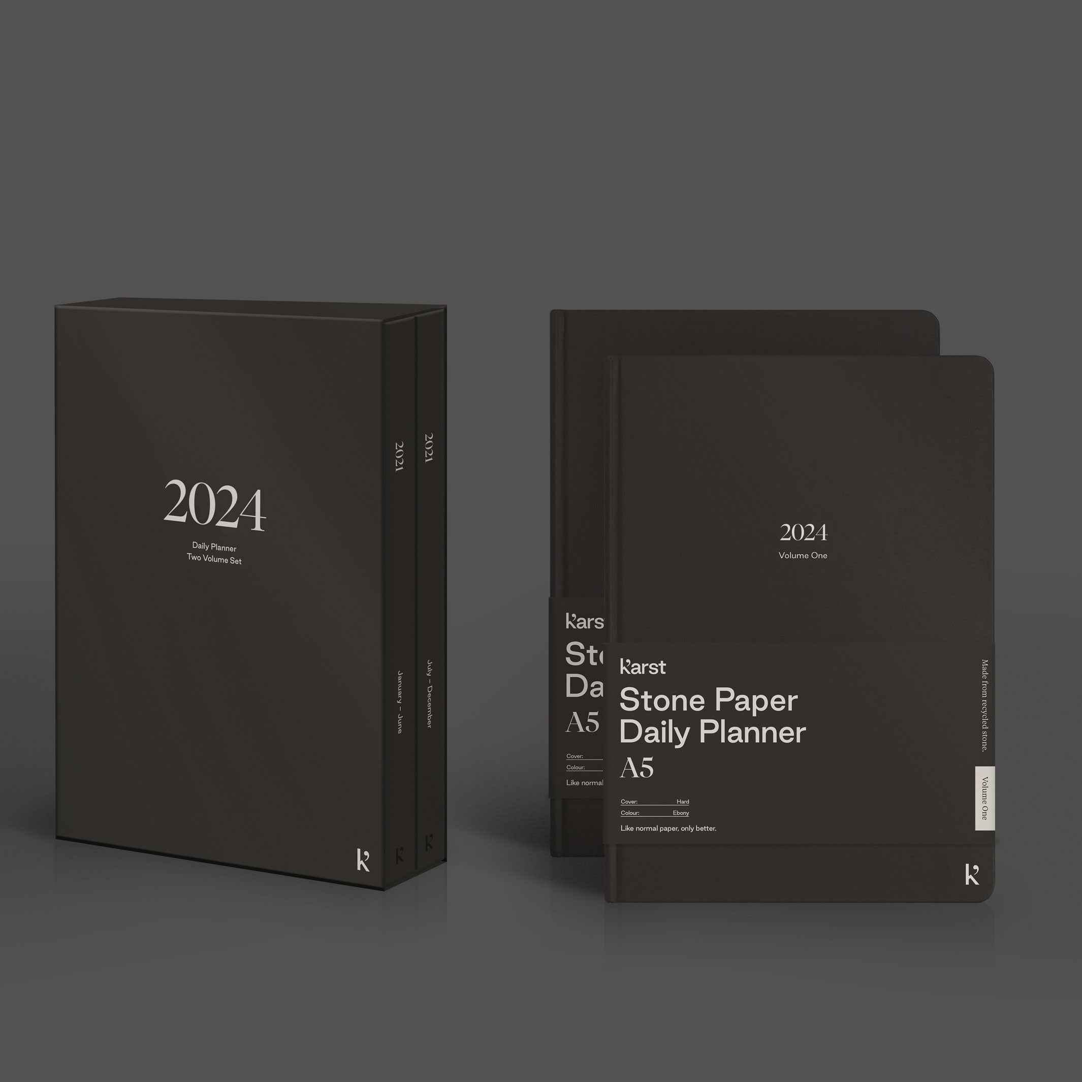 DAILY PLANNER 2024 | Schwarzer TAGESPLANER | zweiteiliges Hardcover A5 SET | Karst Stone Paper