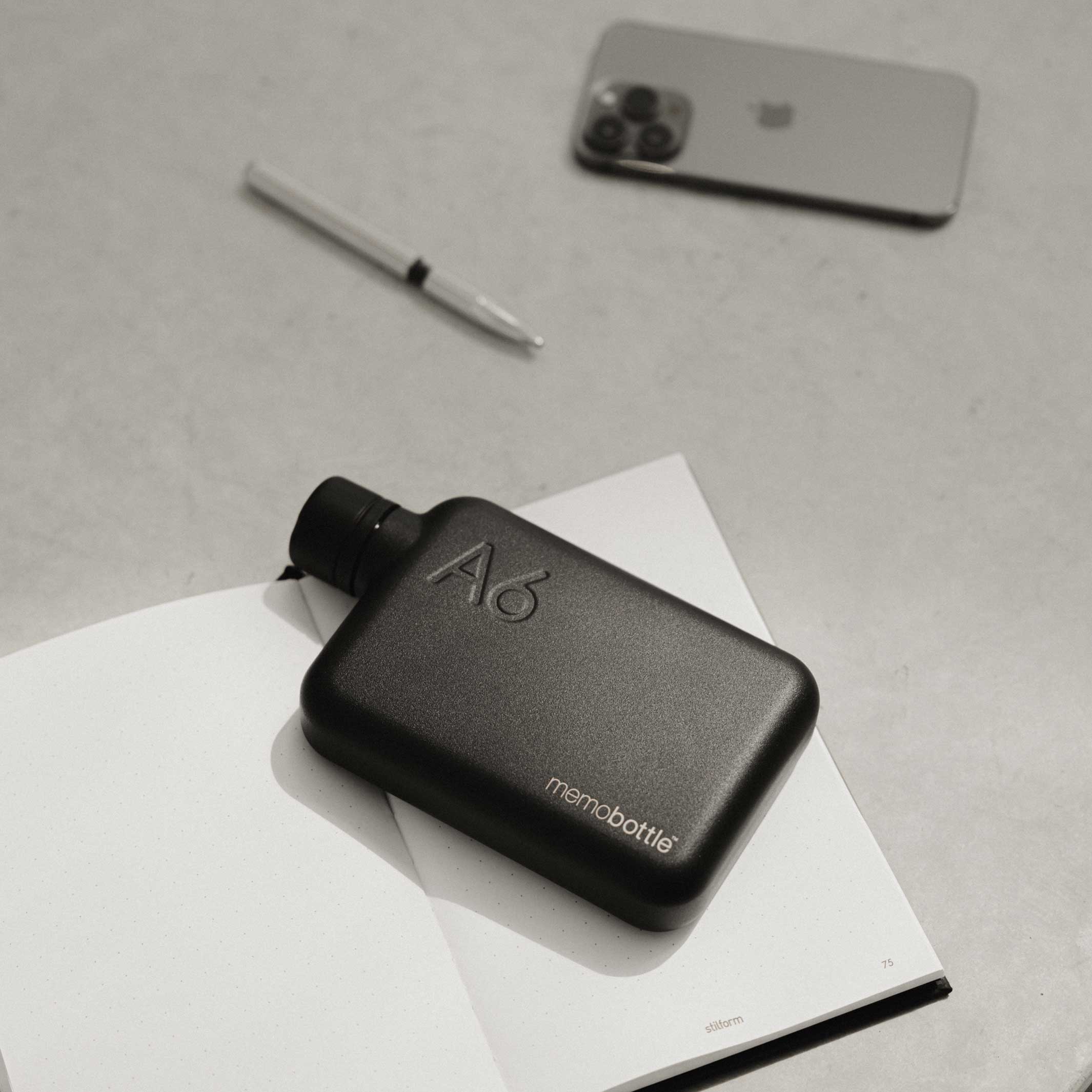 A6 Edelstahlflasche memobottle™ Schwarz | flache wiederverwendbare TRINK- & WASSERFLASCHE | 500 ml