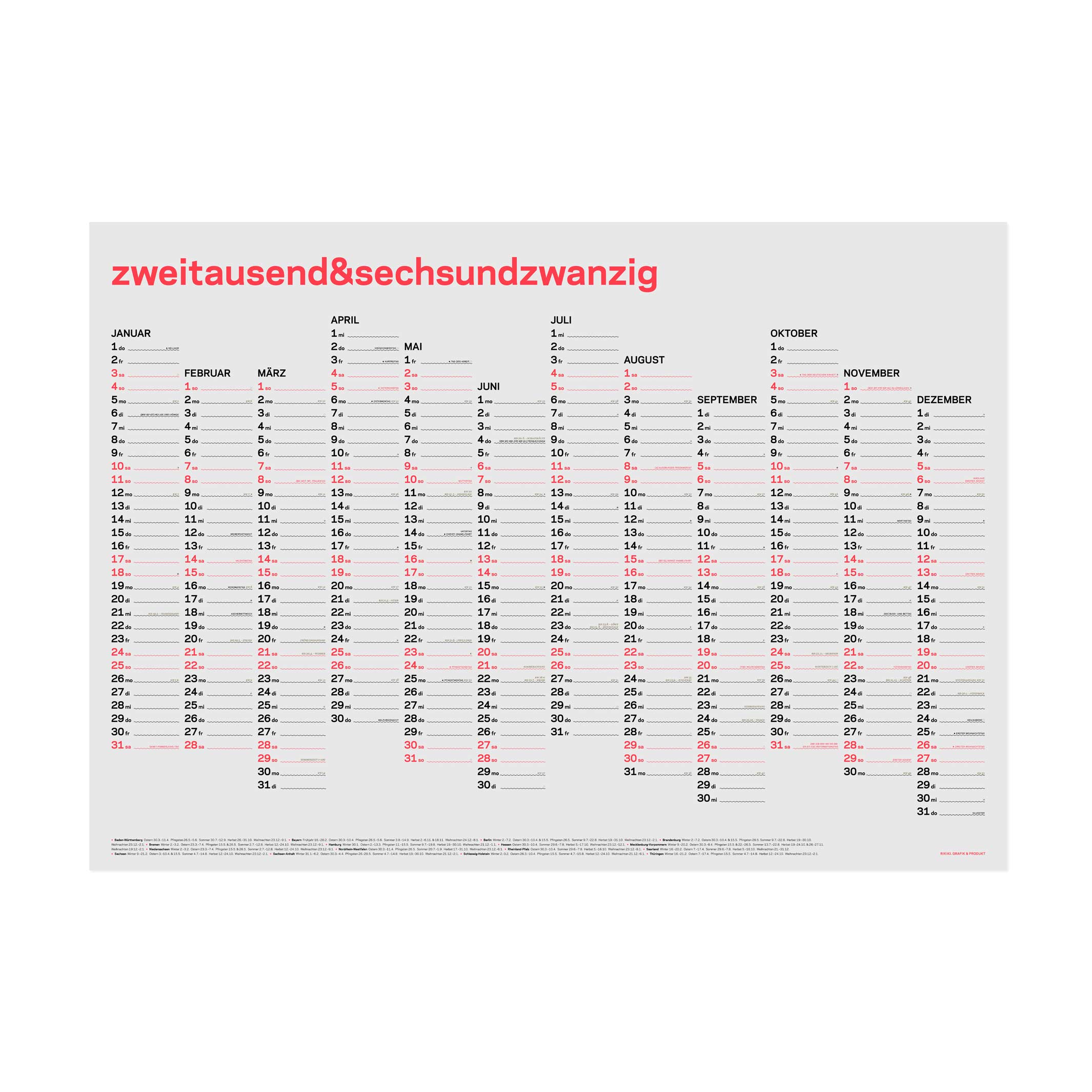 zweitausend&sechsundzwanzig - JAHRES-WANDKALENDER 2026 - Neon-Korall Schwarz Gold - A1 84×59 cm | rikiki