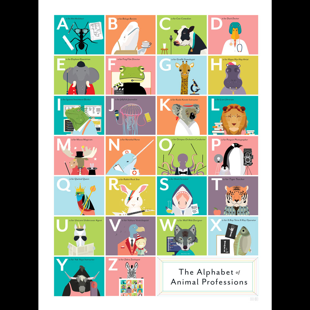 L'ALPHABET des MÉTIERS ANIMAUX | Infographie AFFICHE POUR ENFANTS | 46x61cm | Laboratoire de graphiques pop