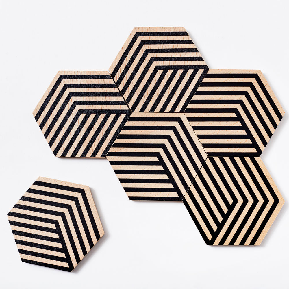 TABLE TILES Optic | Wooden COASTERS with 3D graphics | Set of 6 | Bower | Areaware