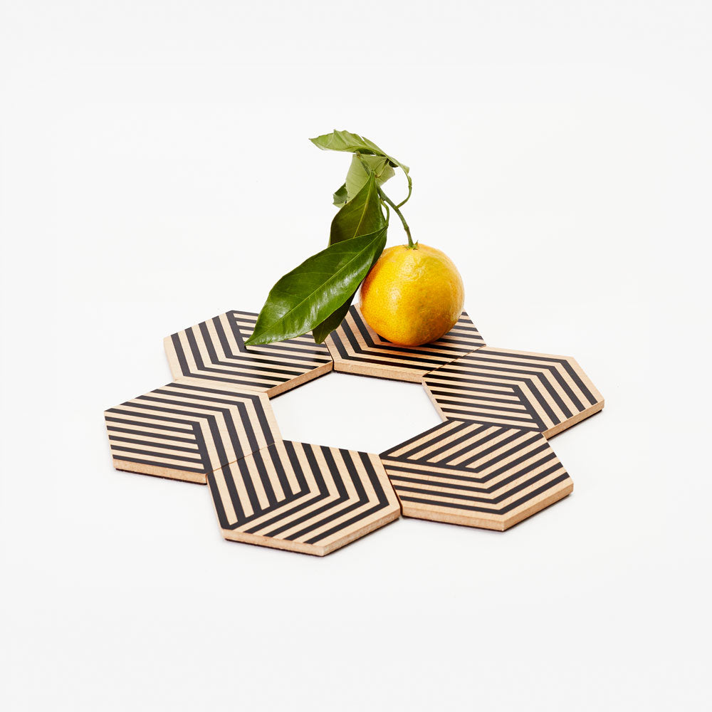 TABLE TILES Optic | Wooden COASTERS with 3D graphics | Set of 6 | Bower | Areaware