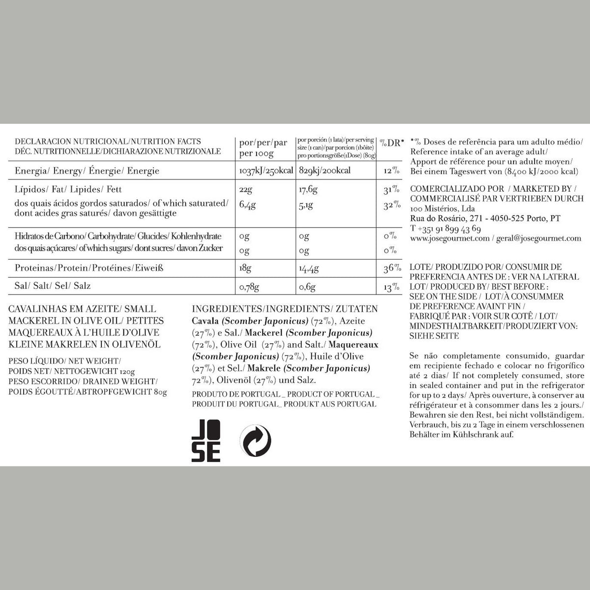 Small Mackerel in Olive Oil – 120 g | José Gourmet