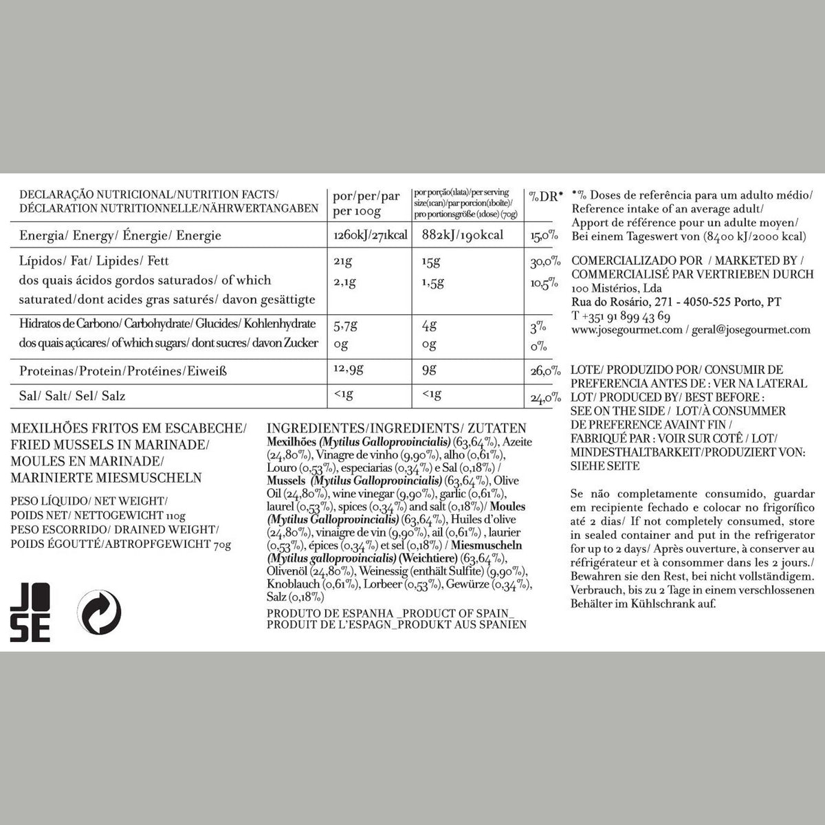 MOULES Marinées | Épicerie fine CONSERVE DE POISSON | 110gr | José Gourmet