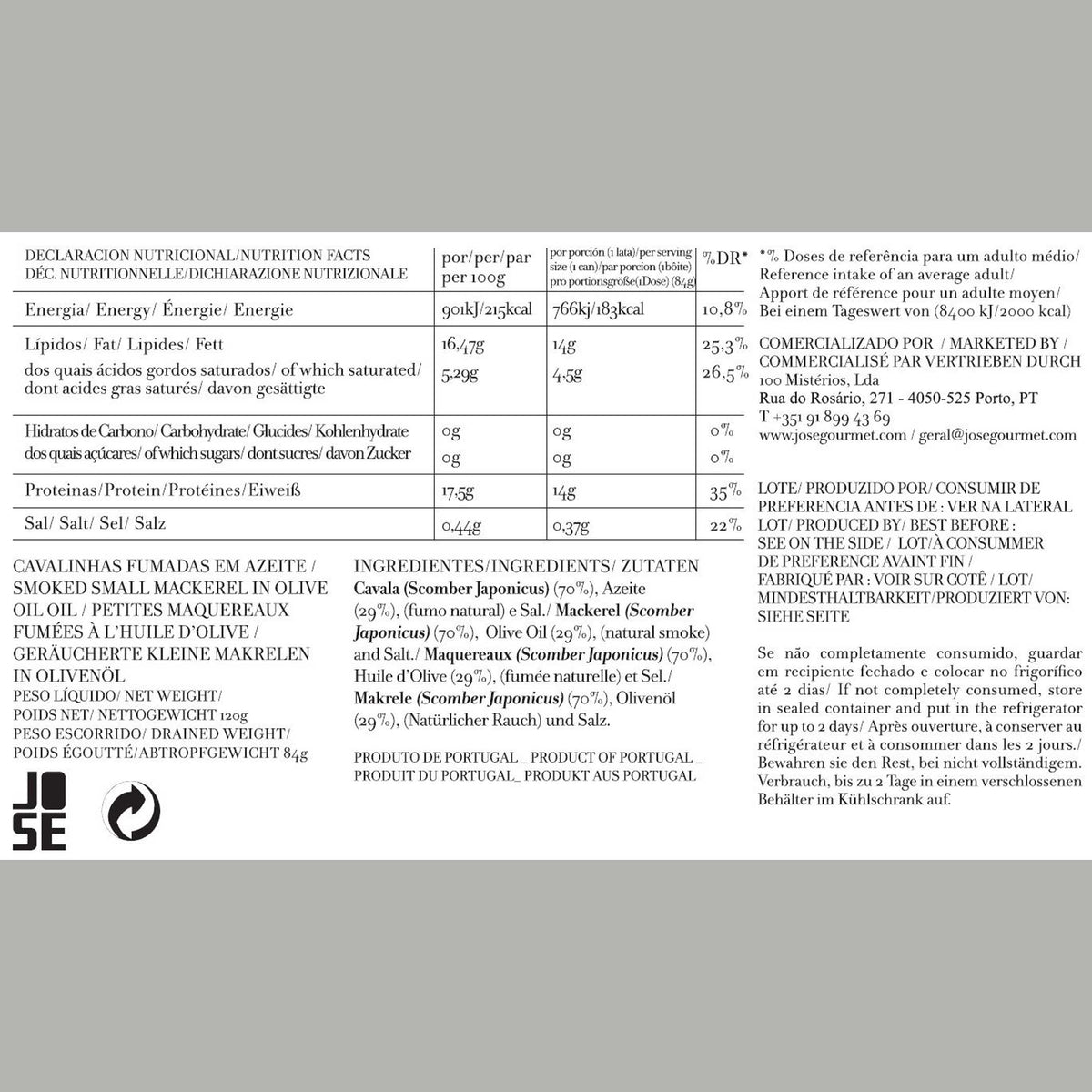 Smoked Small Mackerel in Olive Oil – 120 g | José Gourmet