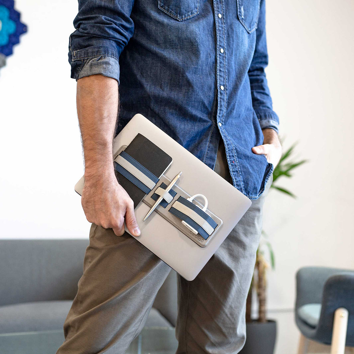 MAJ | ORGANISATEUR d'ordinateur portable mince et collant | 26x7cm | bleu