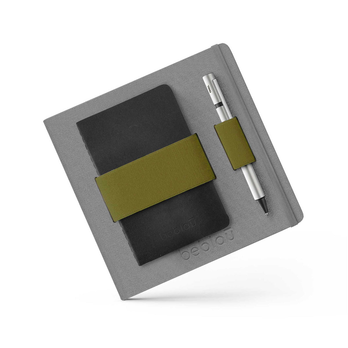 FLEX Donkergrijs | NOTITIEBOEK met geïntegreerde groene ORGANISER-band | 18x18 cm | blauw bedrukt