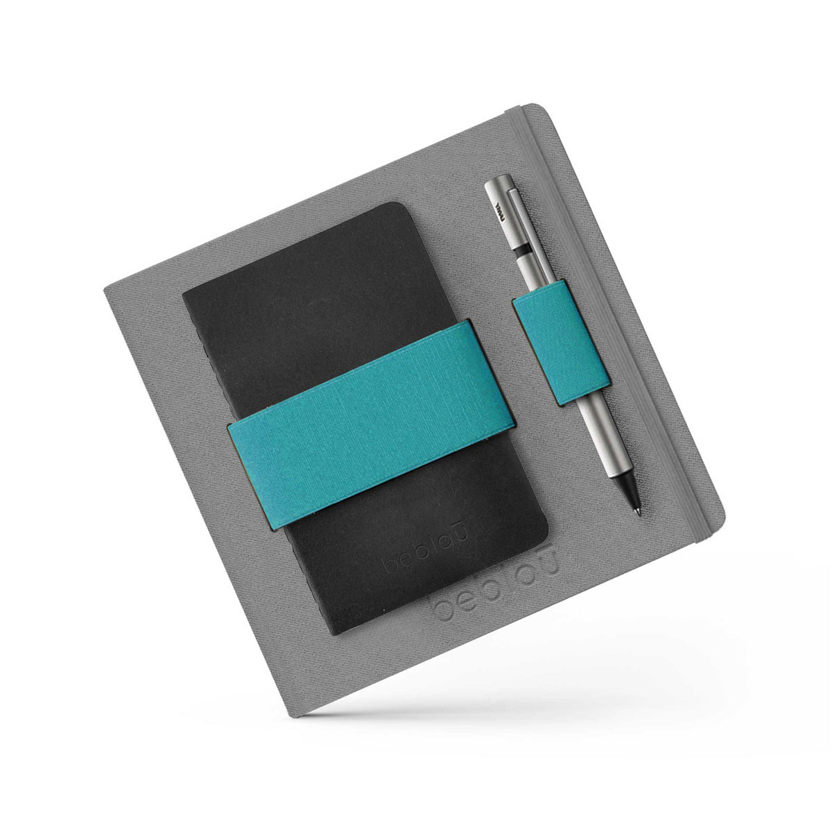 FLEX Donkergrijs | NOTITIEBOEK met geïntegreerde turkooiskleurige ORGANIZER-band | 18x18 cm | gelinieerd