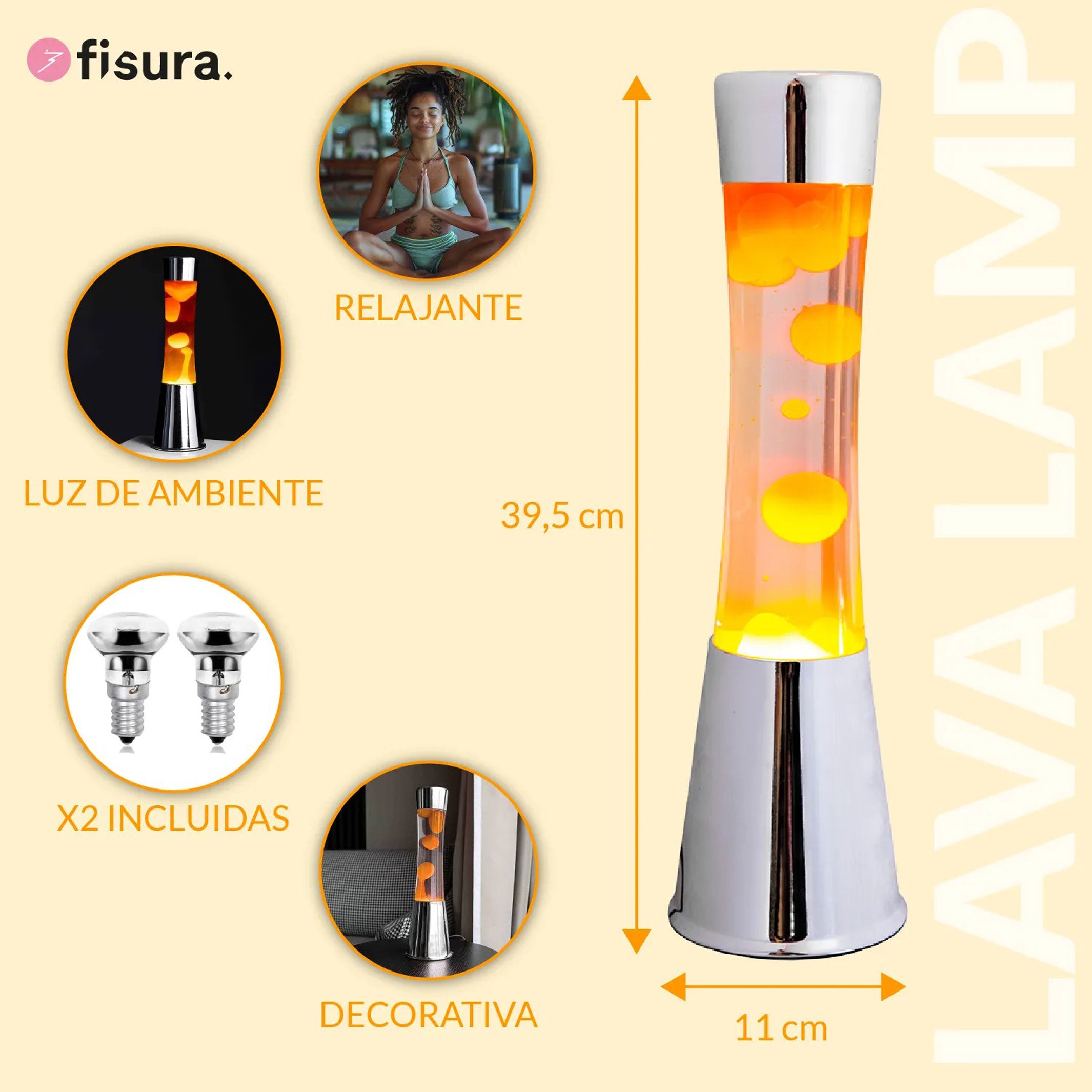 Lavalampe Tower – Chrom · Orange Lava · Retro · 39,5 cm | Fisura · Tischlampe