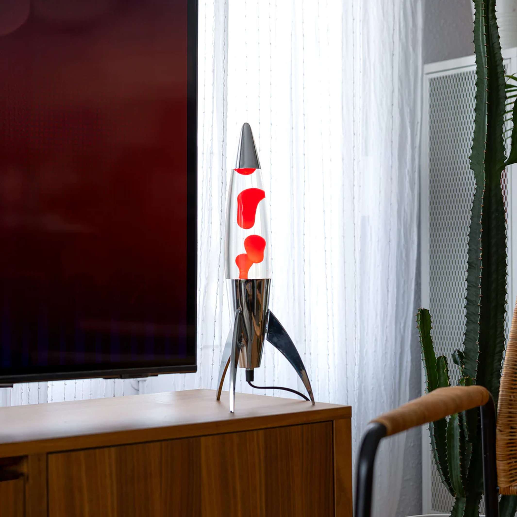 ROCKET LAVA LAMP RED - Silberne Raketen Lavalampe rote Lava - 45 cm hoch | Fisura