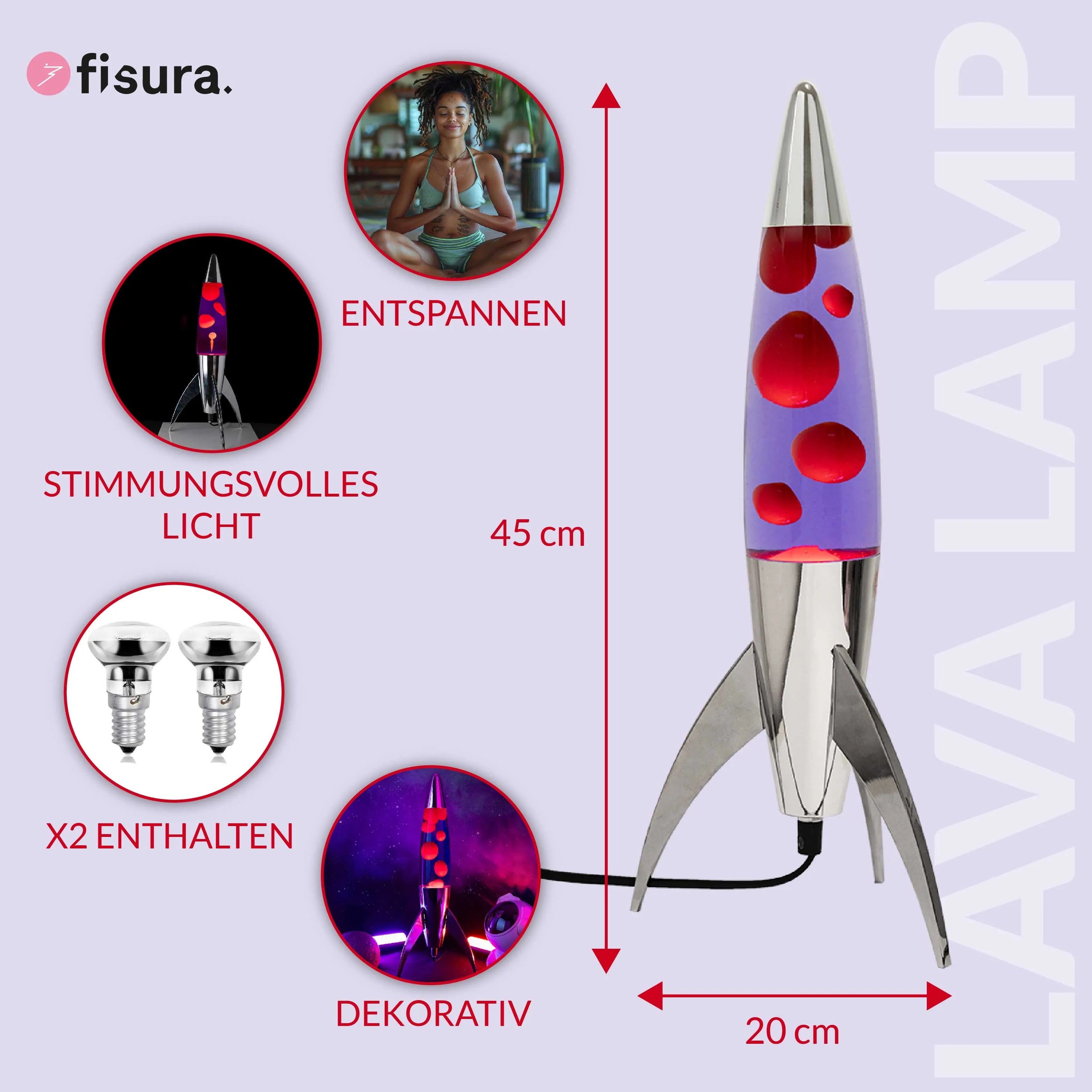 Lavalampe Rocket – Silber · Violette Lava · Retro · 45 cm | Fisura · Tischlampe
