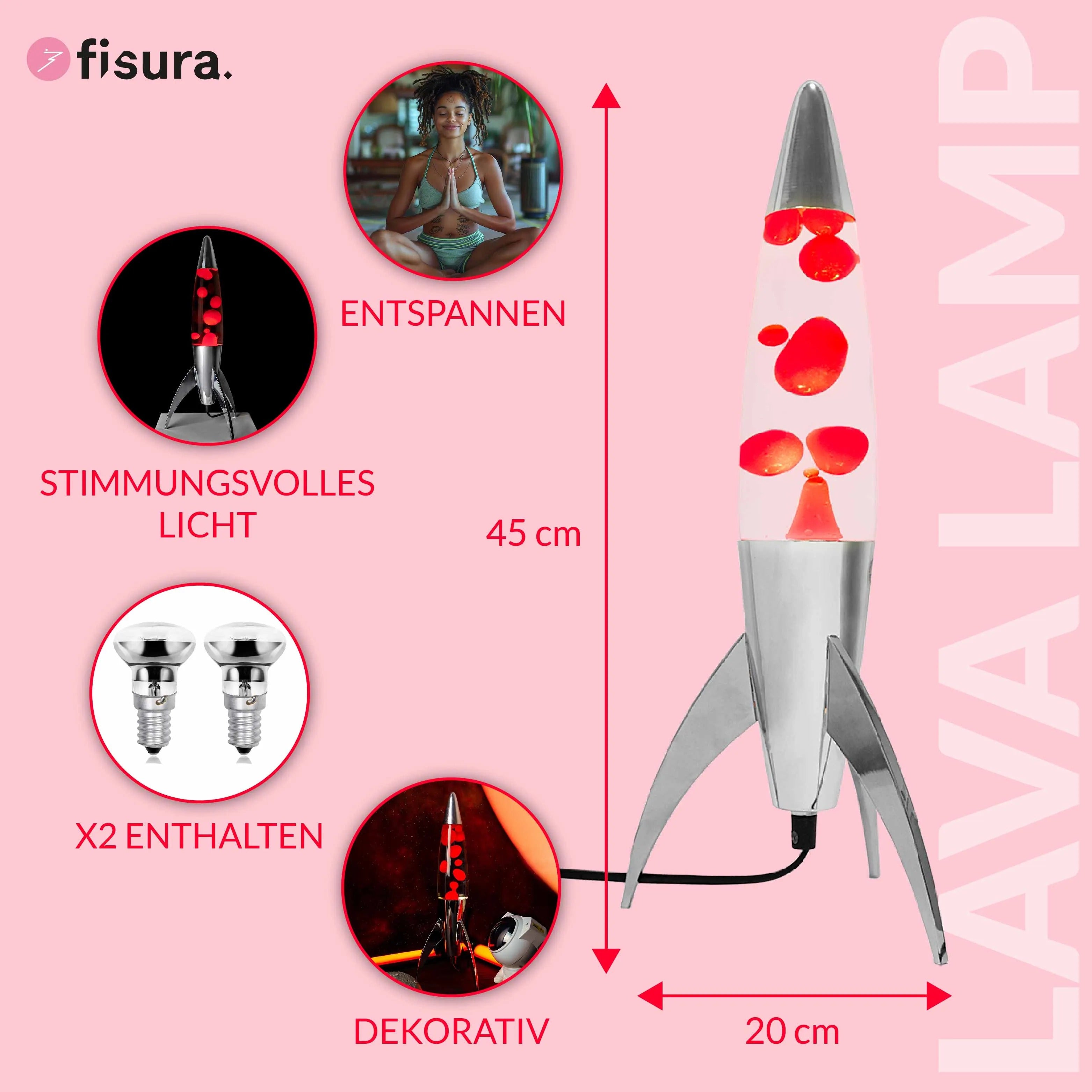 Lava Lamp Rocket – Silver · Red Lava · 45 cm | Fisura · Retro Lamp