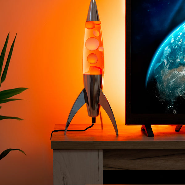 Lava Lamp Rocket – Silver · Orange Lava · Retro · 45 cm | Fisura
