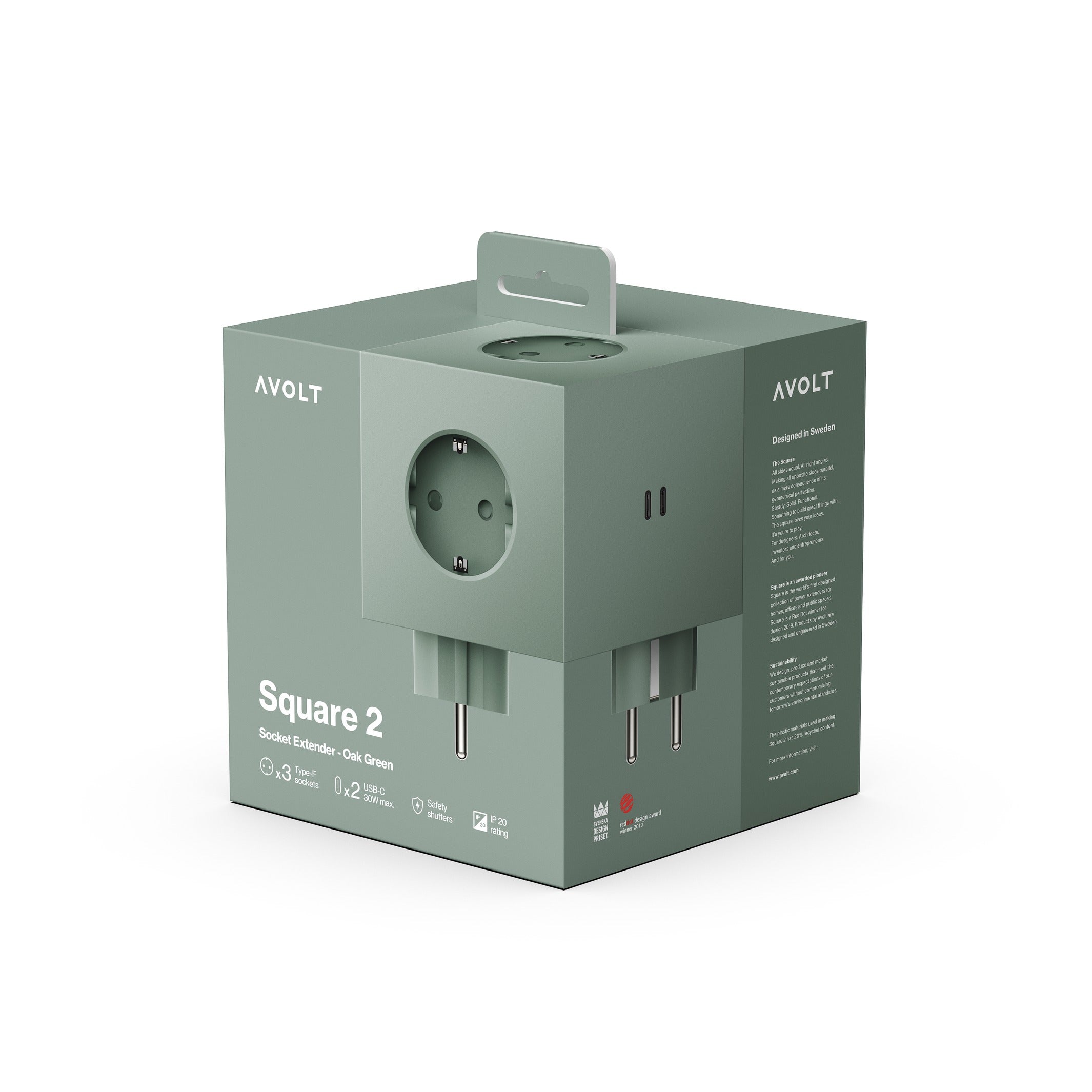 Steckdosenleiste "Square 2" – Grün · 3-fach · USB-C | Avolt