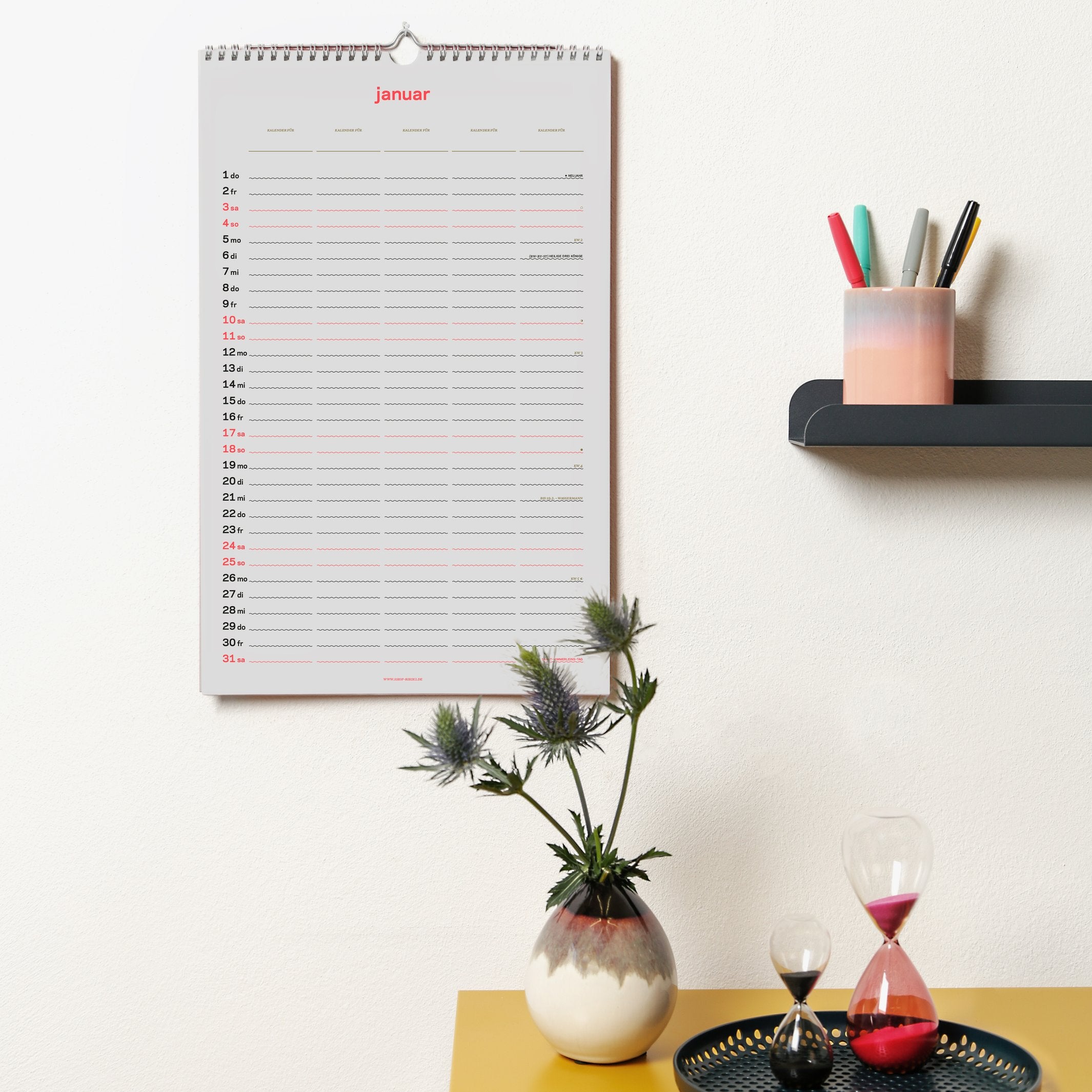Familienkalender 2027 – Siebdruck · 5 Spalten · 26,7×42 cm | rikiki