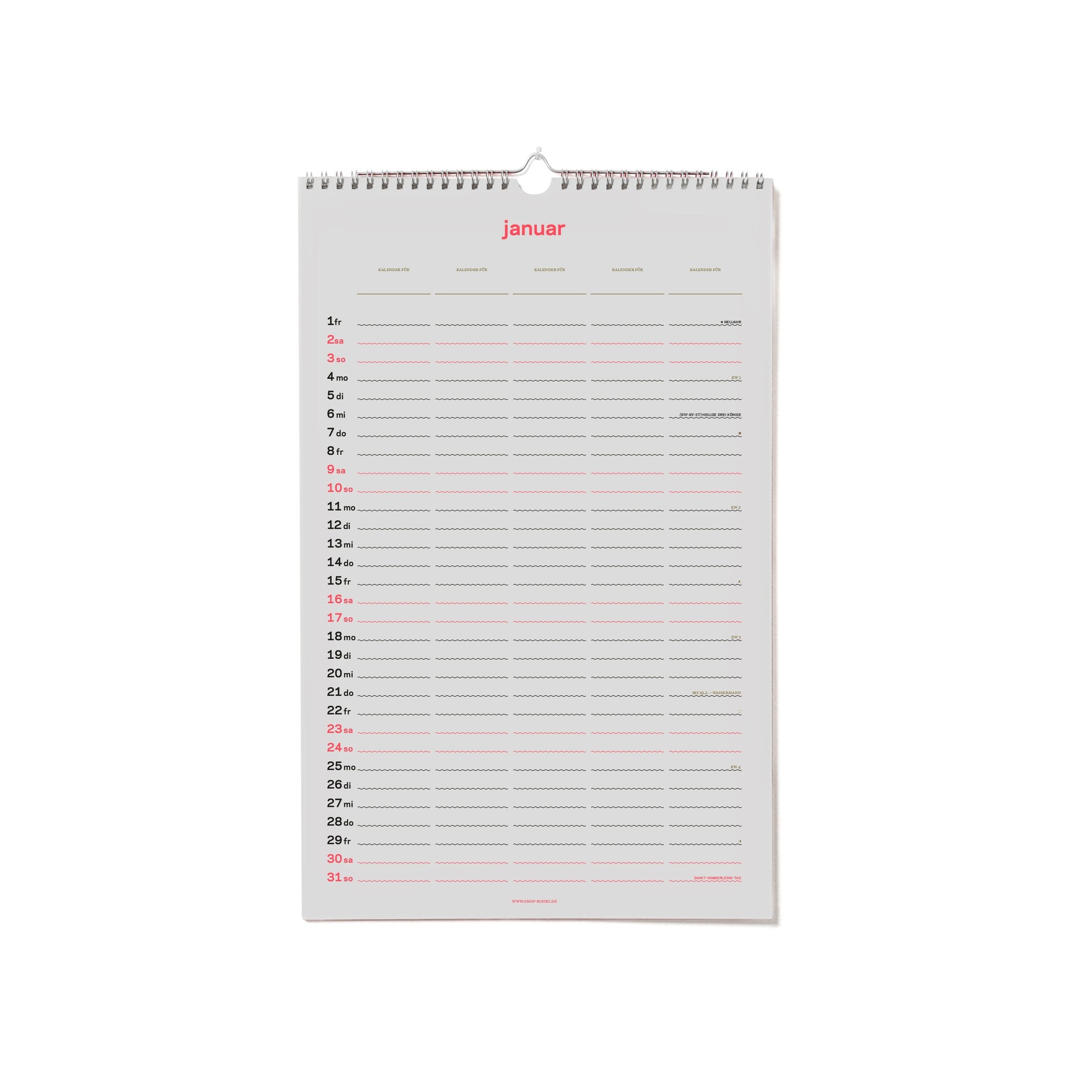 Familienkalender 2027 – Siebdruck · 5 Spalten · 26,7×42 cm | rikiki