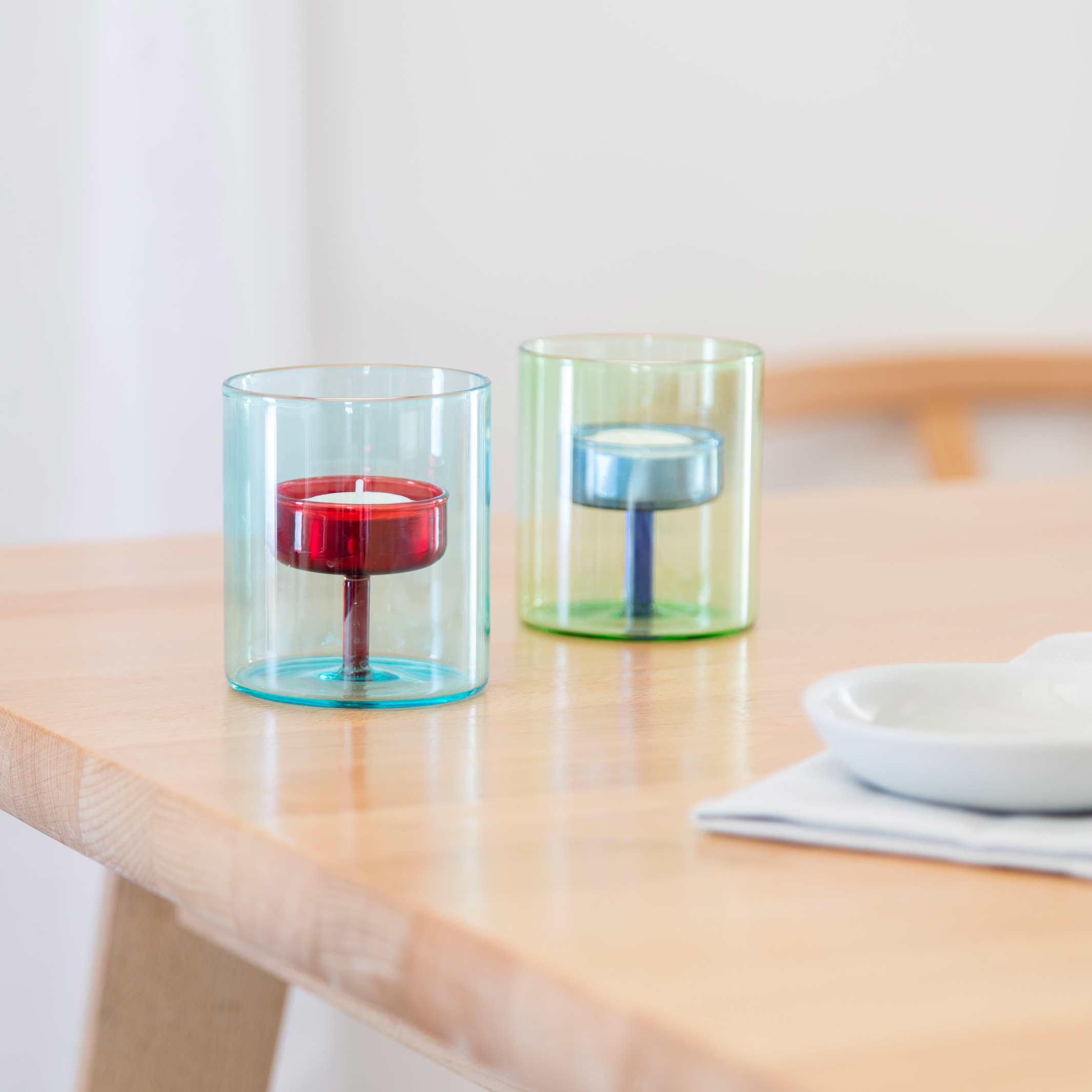 DUO TONE Tea Light Holder - zweifarbiger Glas-Teelicht-Halter Blau & Rot | Block Design