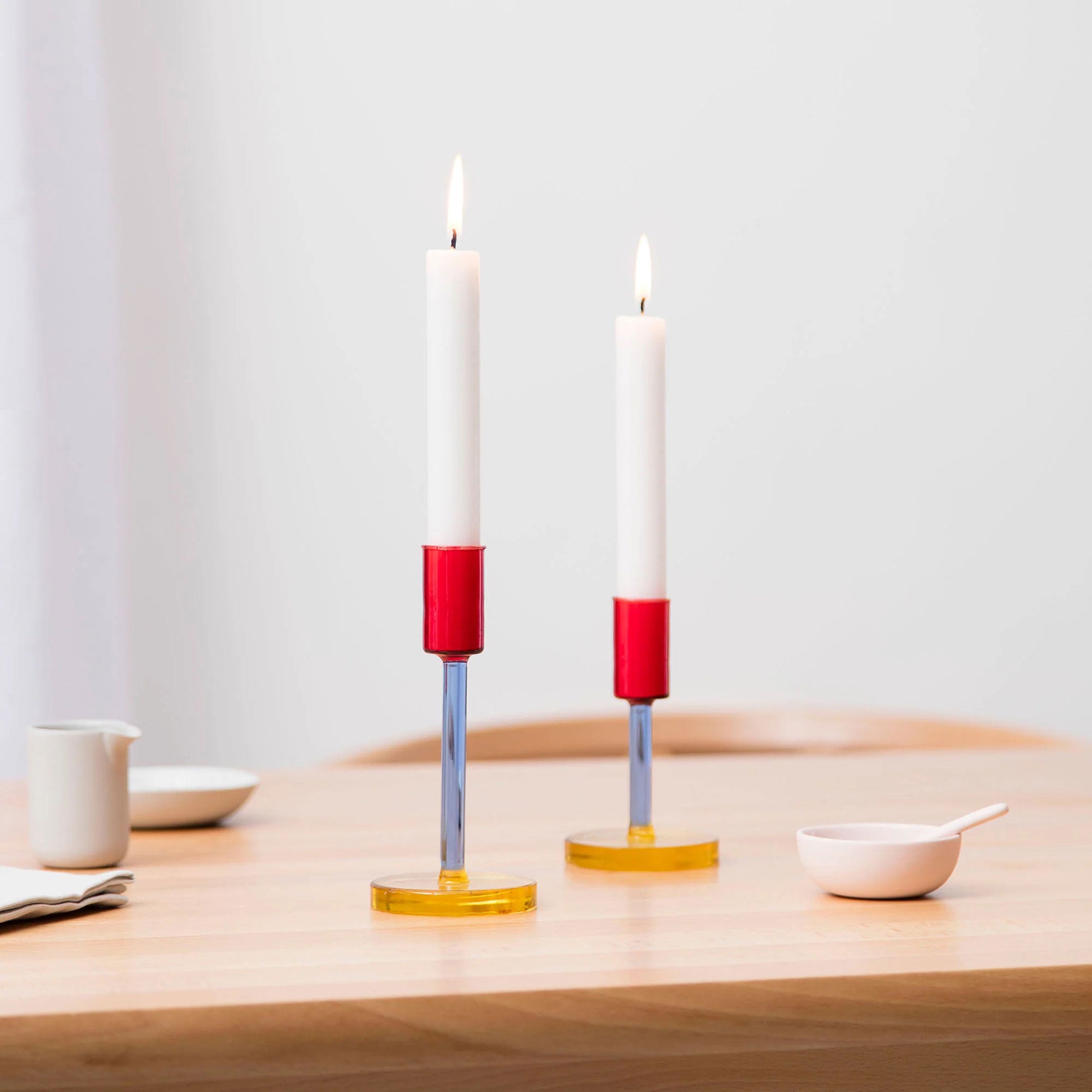 GLASS CANDLESTICK | triple color CANDLE HOLDER | Yellow Blue Red | Block Design