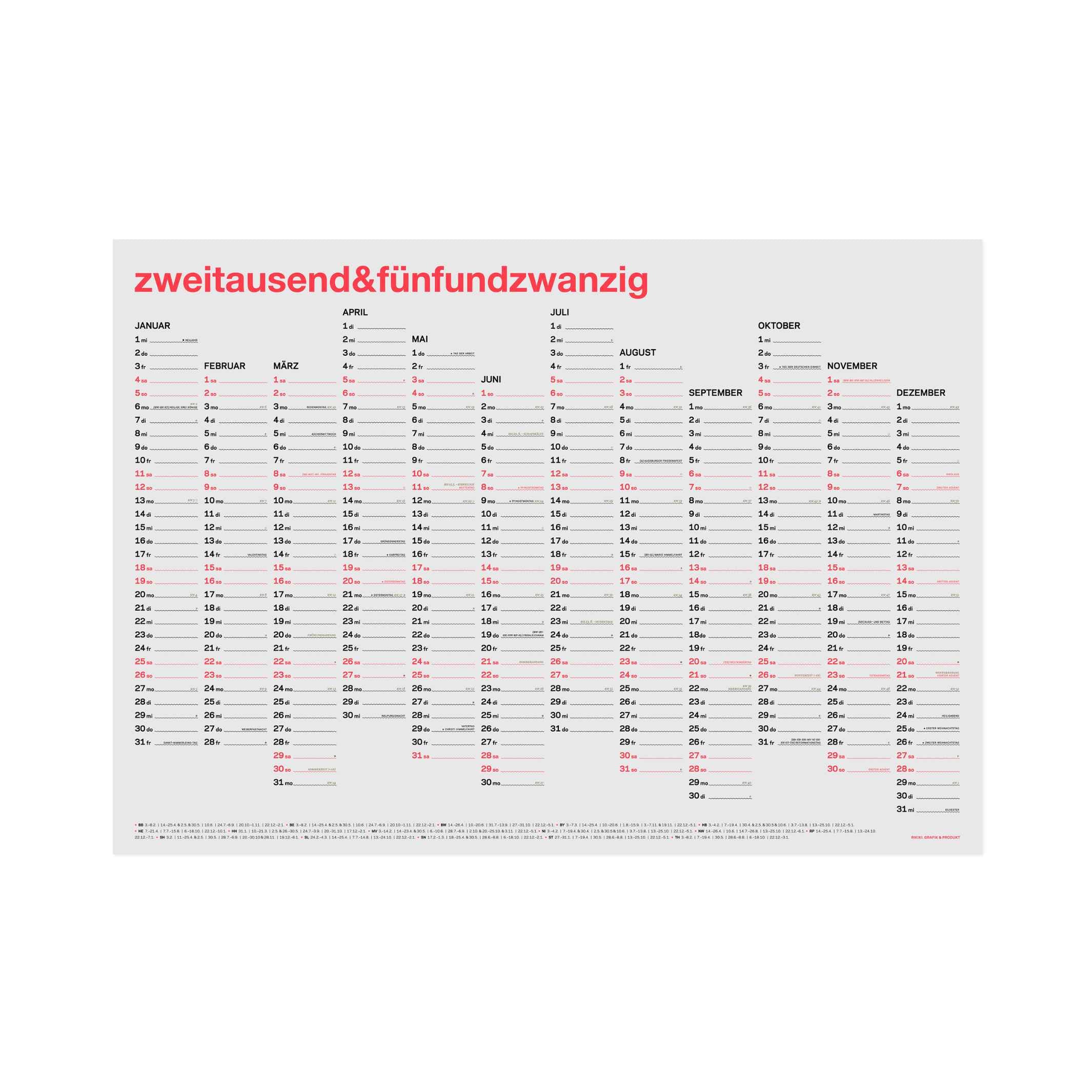 zweitausend&fünfundzwanzig - WALL CALENDAR 2025 - Neon-Coral Black Gold - A2 59x42 cm | rikiki