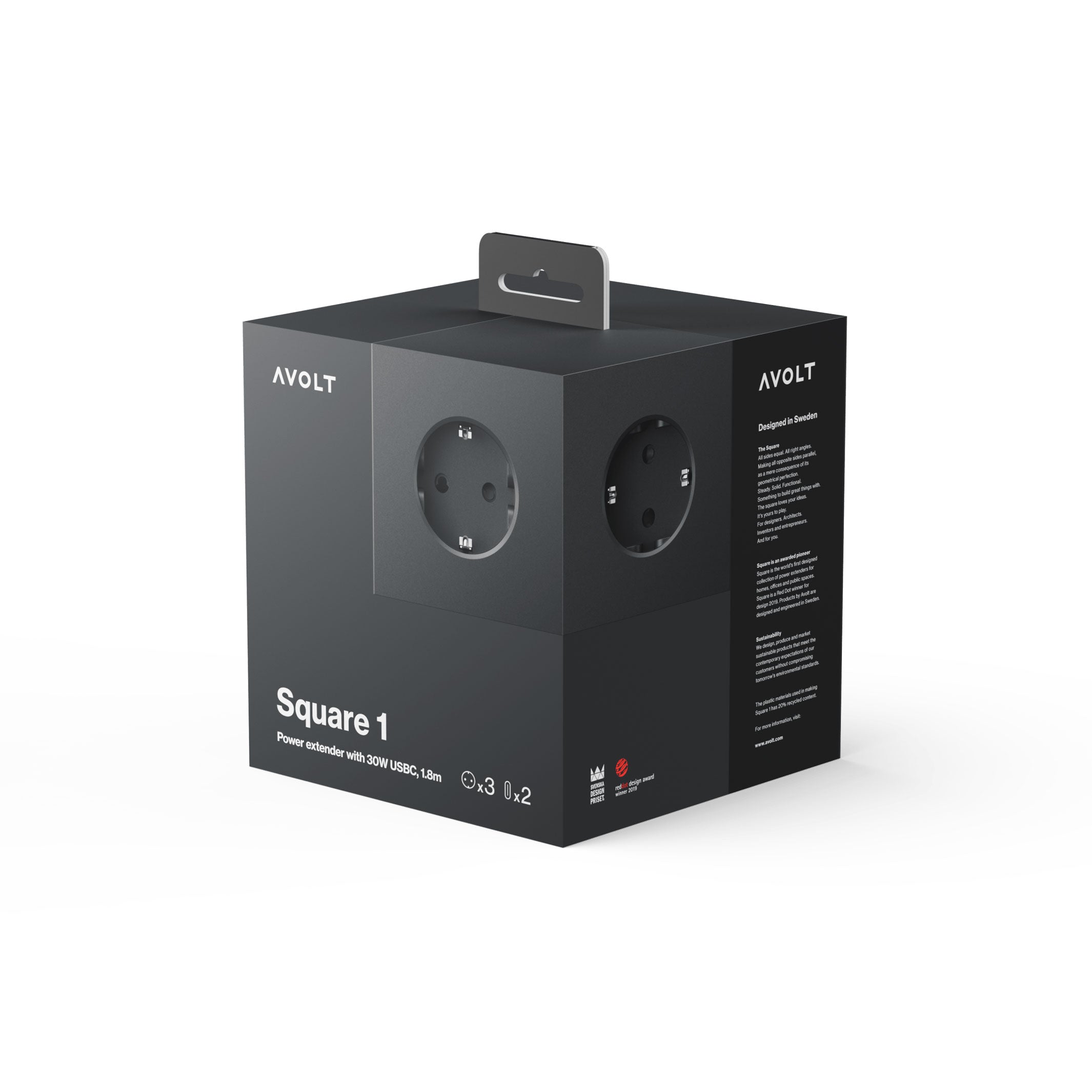 SQUARE 1 - 3-way multiple socket outlet - magnetic, black cube - 2x USB-C 30W & 1.8m connection cable | Avolt