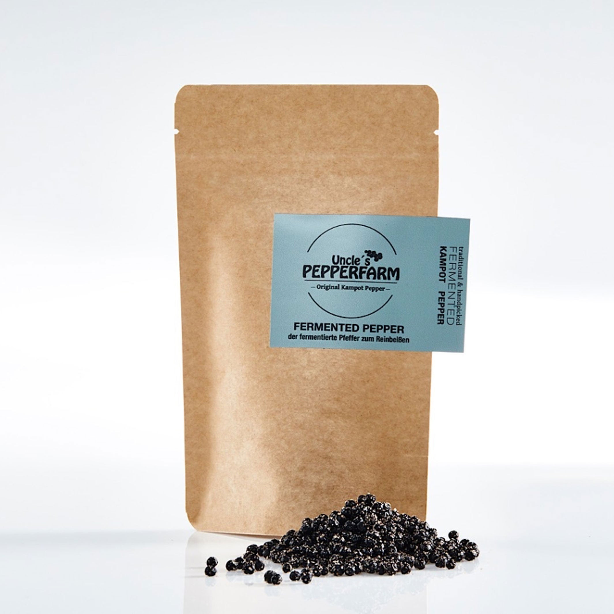 Fermented KAMPOT PEPPER | PEPPERCORNS - pickled in sea salt | 150g in aroma protection bag | Uncle's Pepperfarm