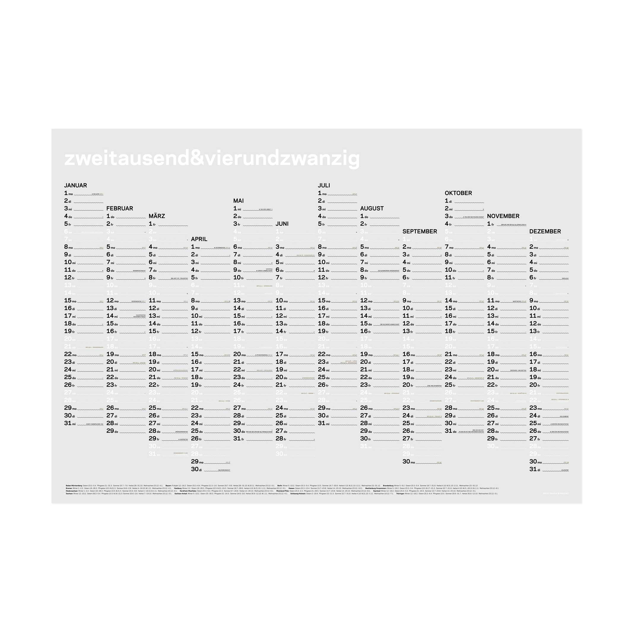 deux mille vingt-quatre | CALENDRIER MURAL ANNUEL 2024 | Blanc Noir Or | A1 84×59 cm | rikiki