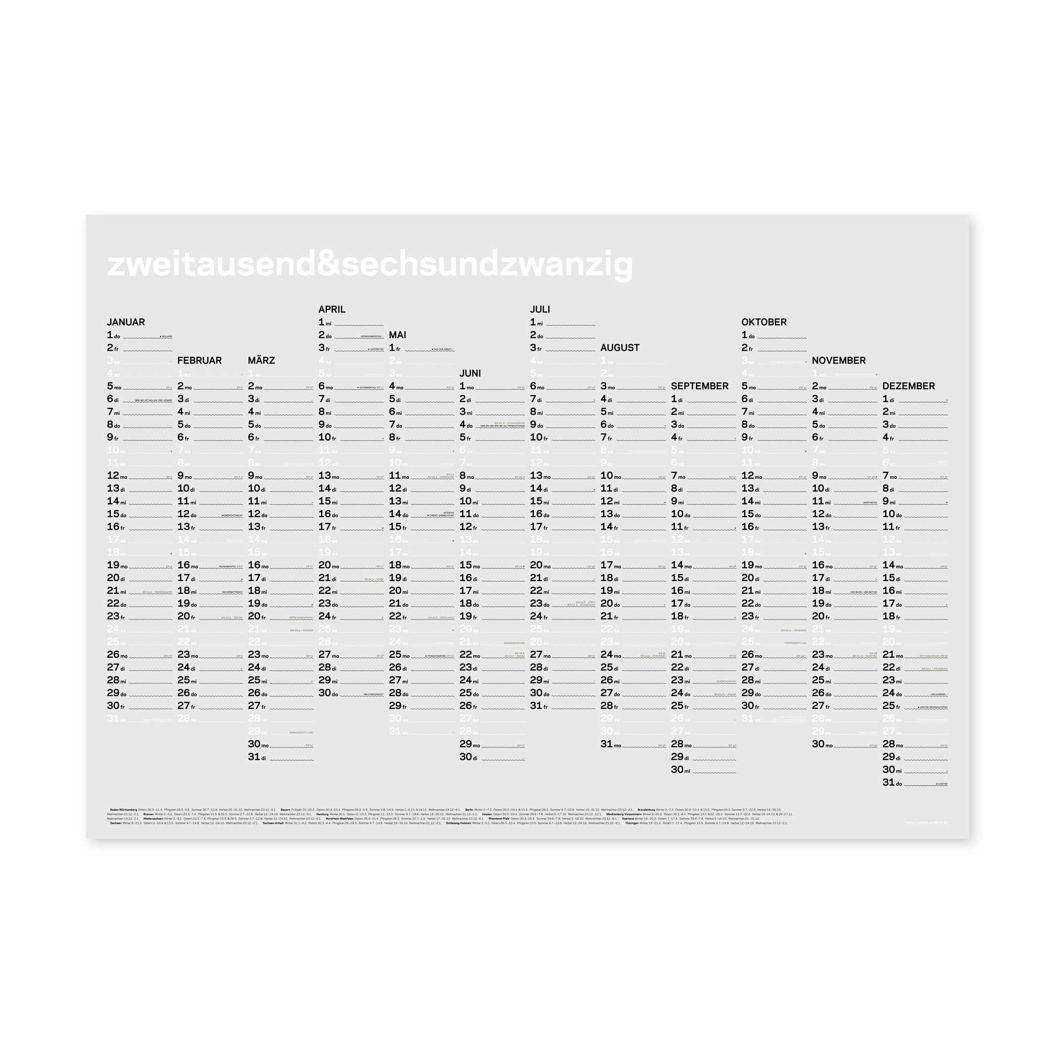 zweitausend&sechsundzwanzig - JAHRES-WANDKALENDER 2026 - Weiss Schwarz Gold - A1 84×59 cm | rikiki